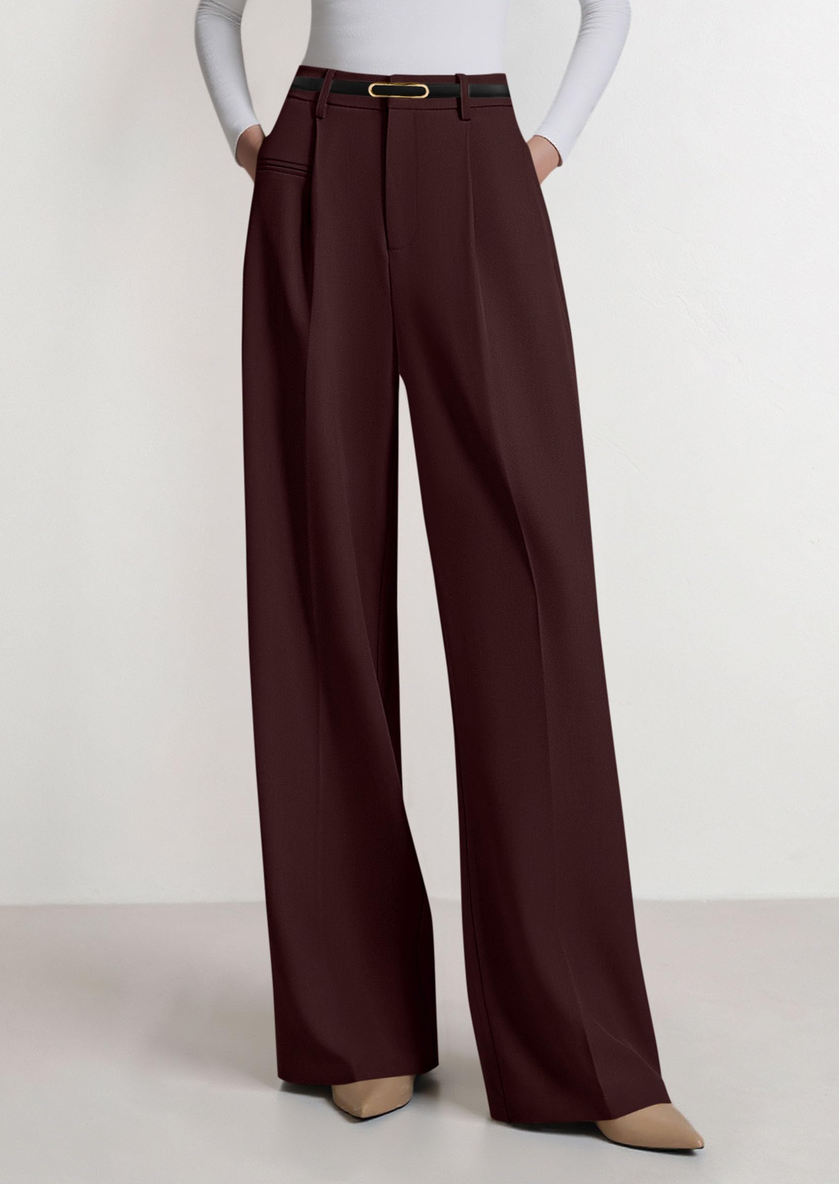 Women's Tailored Wide Leg Work Dress Pants,Red Brown,XS