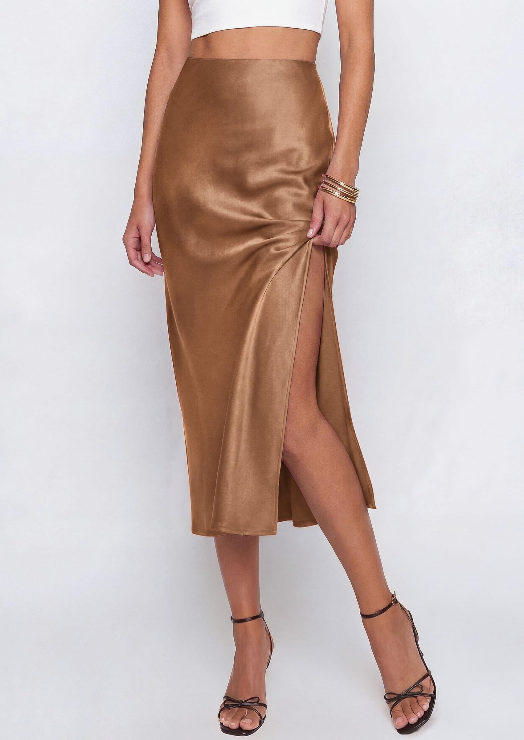 Womens Satin Skirt Silk Slip Midi Work Skirts, Coffee, S