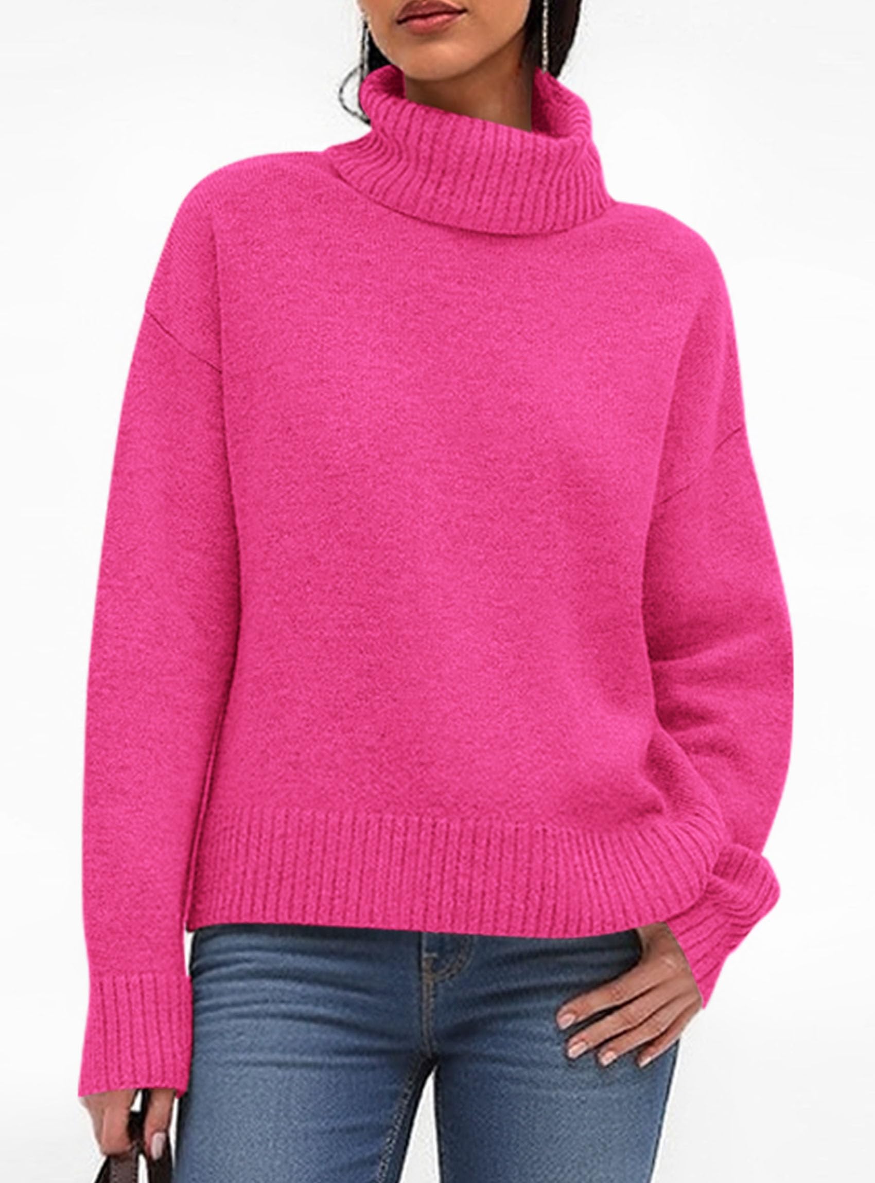 Womens Turtleneck Long Sleeve Knit Sweater,Rose Red,S