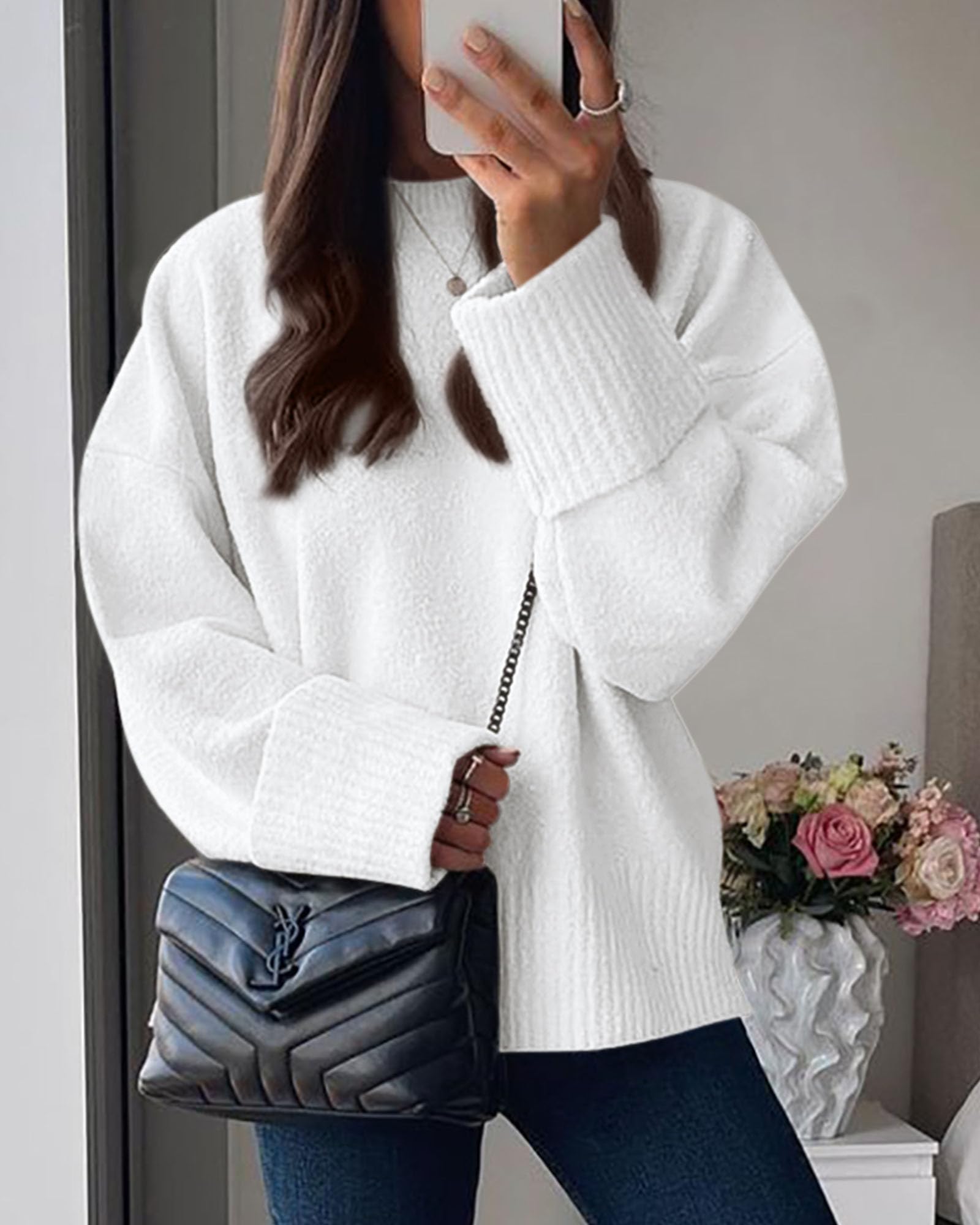 Women's Fall Fashion Cozy Oversized Sweaters(White,XS)