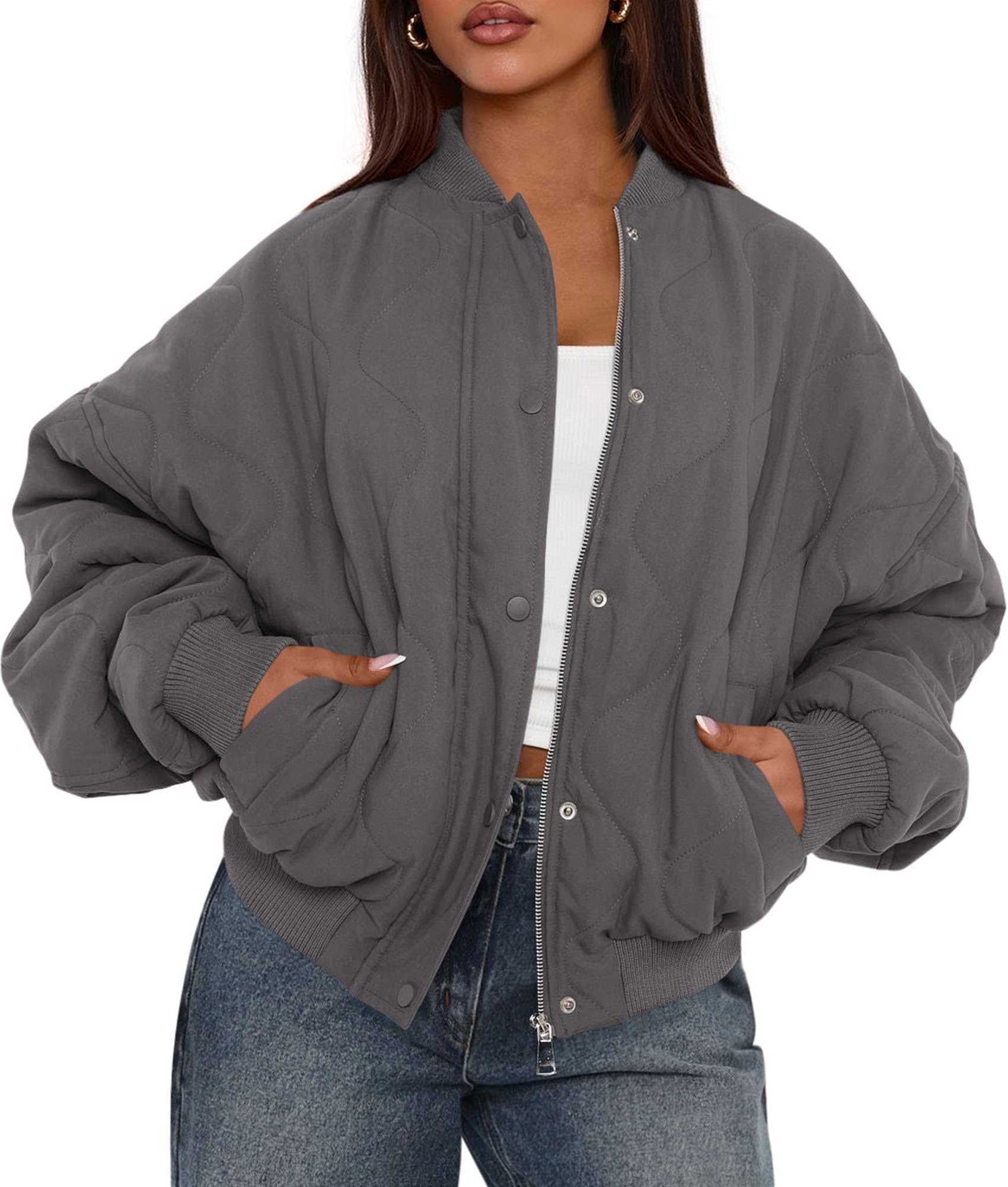 Women's Quilted Bomber Jacket Fall Fashion 2026 Lightweight Cropped Zip up Outerwear Winter Puffer Coats Pockets (Dark Grey,Small)