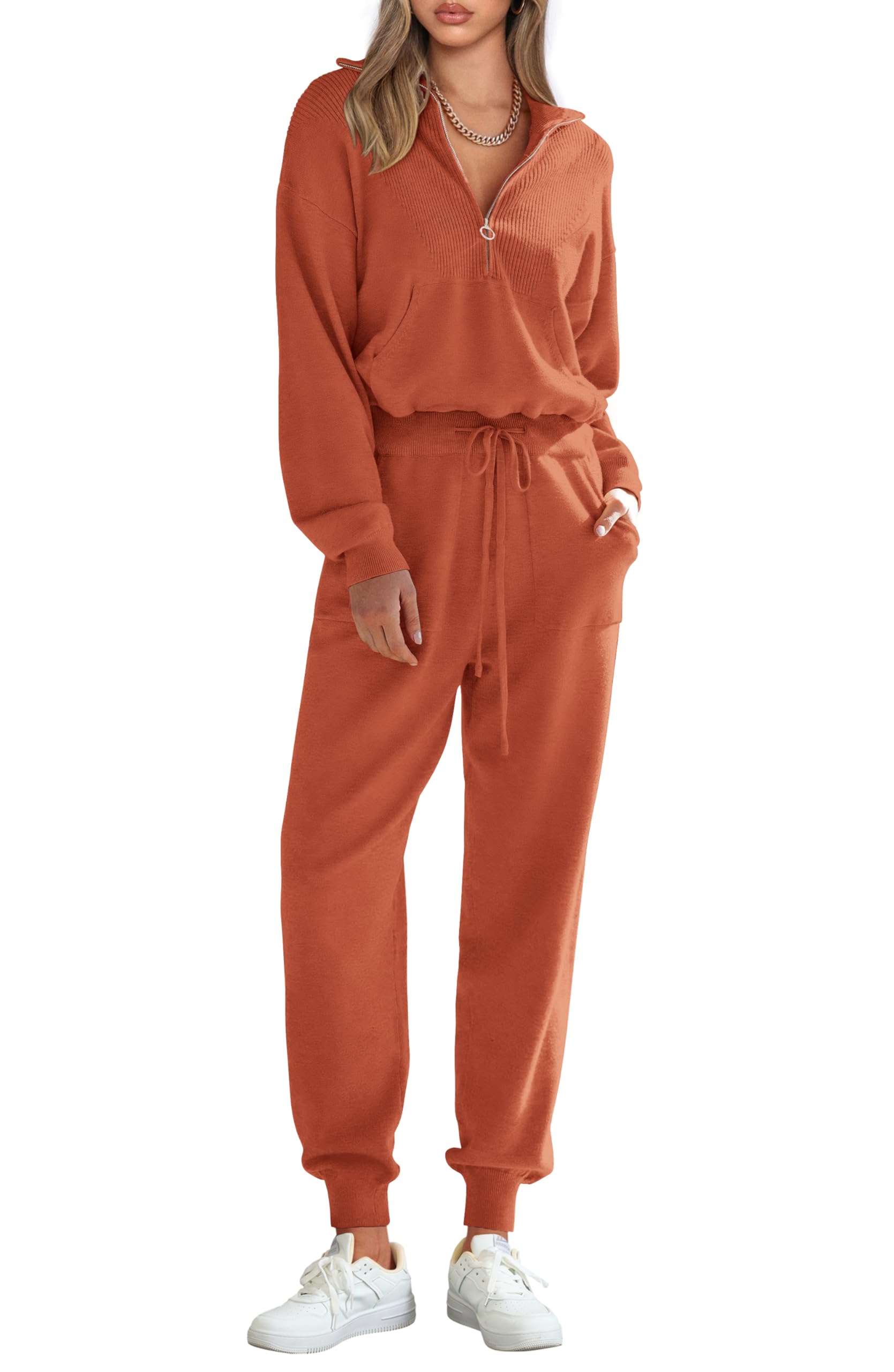 Women's 2 Piece Sweatsuits Set Fall Outfits(Orange Red,M)