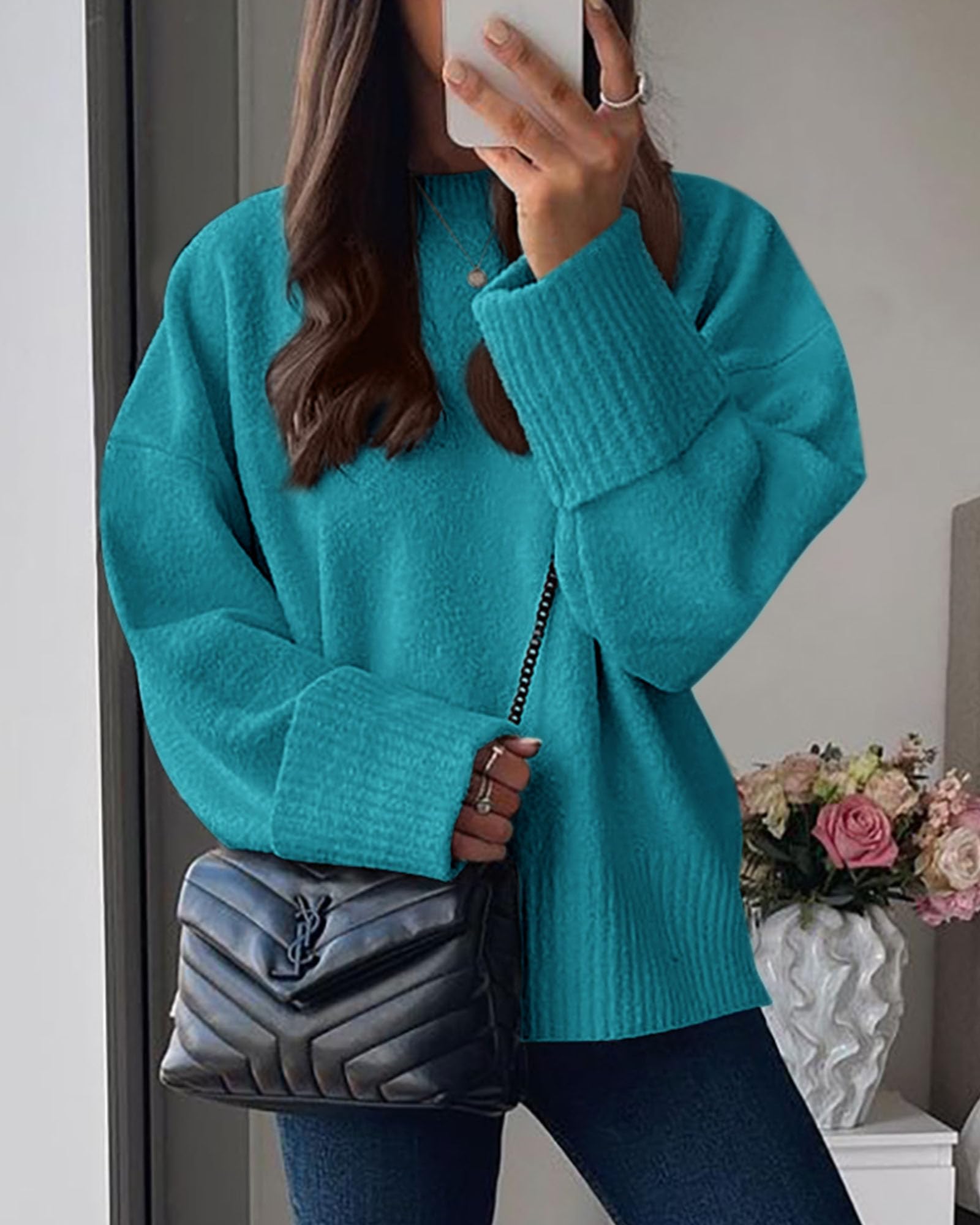 Women's Fall Fashion Cozy Oversized Sweaters(Lake Blue,XS)