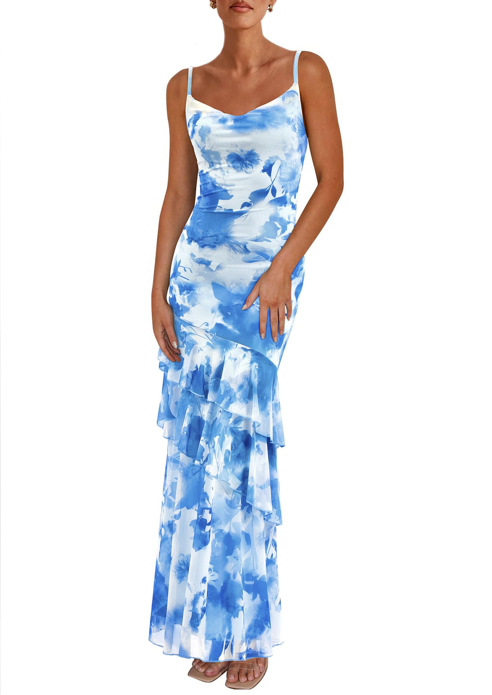 Women's Boho Floral Tiered Maxi Dress, Blue,XS