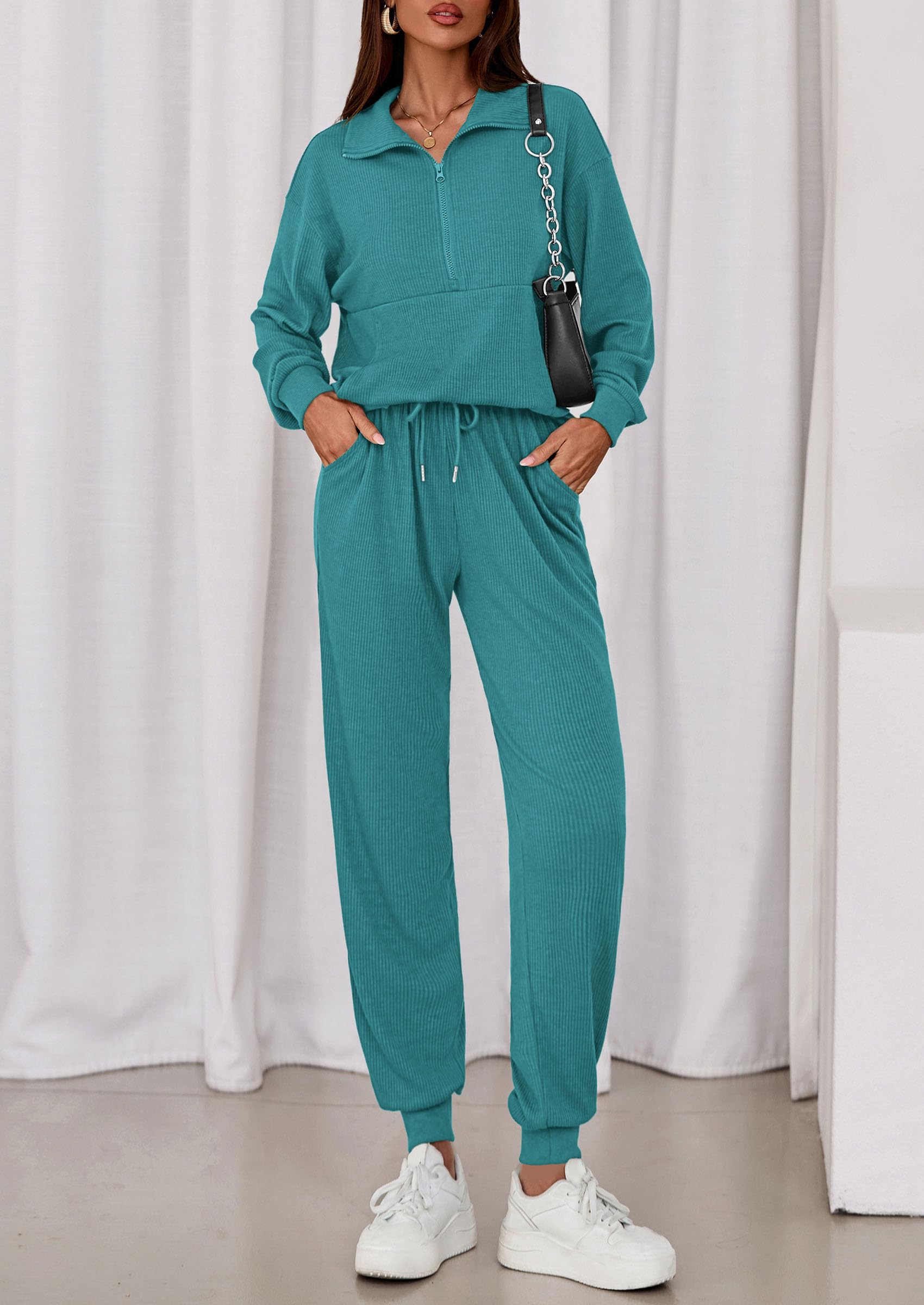 Airport Travel Outfit Women Ribbed Knit Matching Lounge Sets