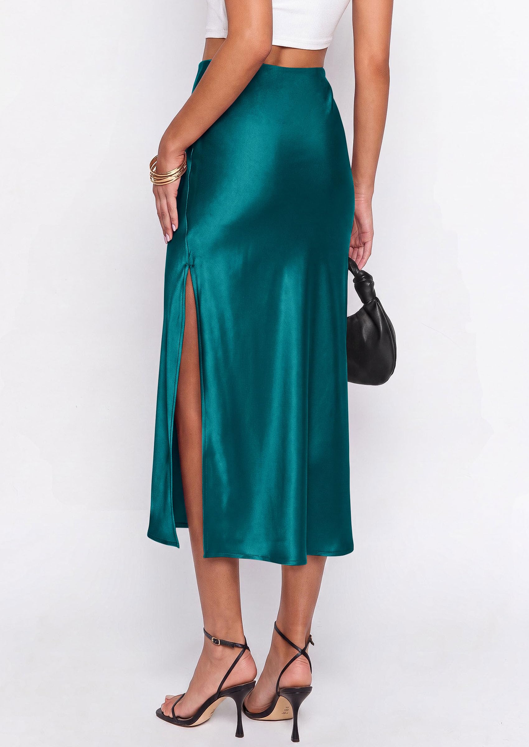 Womens Satin Skirt Silk Slip Midi Work Skirts, Lake Blue, S