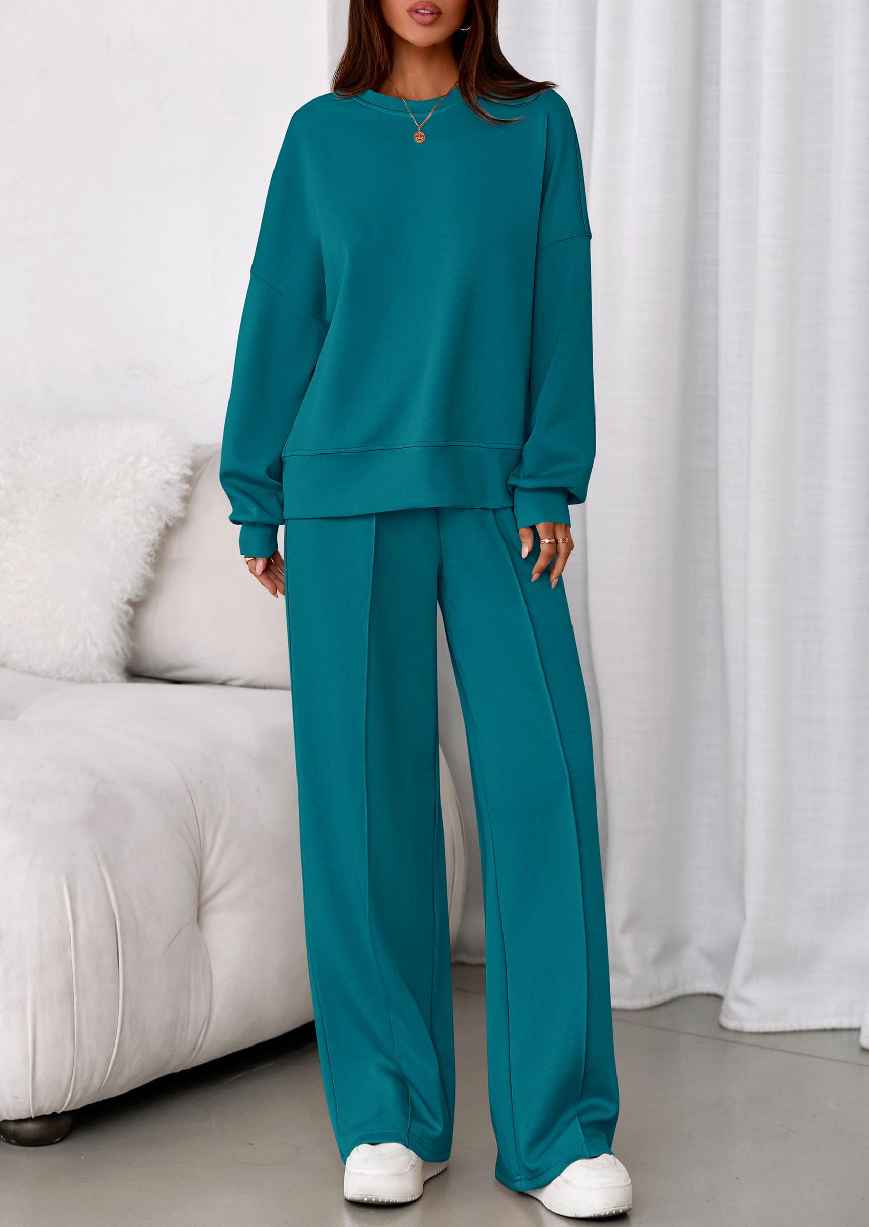 Womens Long Sleeve Sweatshirt 2 Piece Sets,Blue Green,S