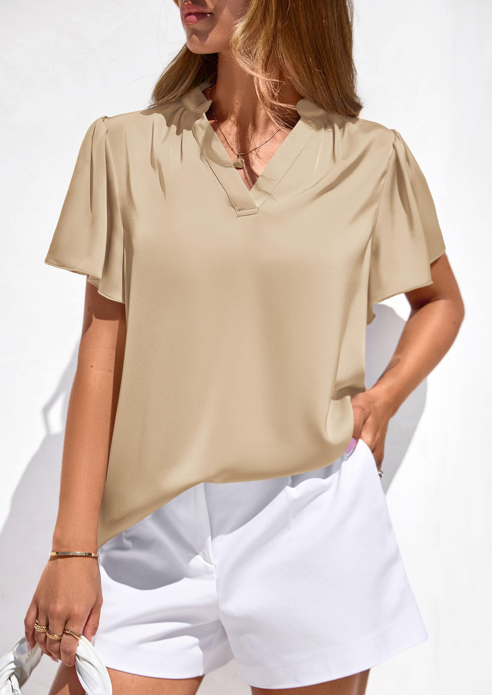 Women's Summer Satin Dressy Casual Blouses (Light Khaki,S)
