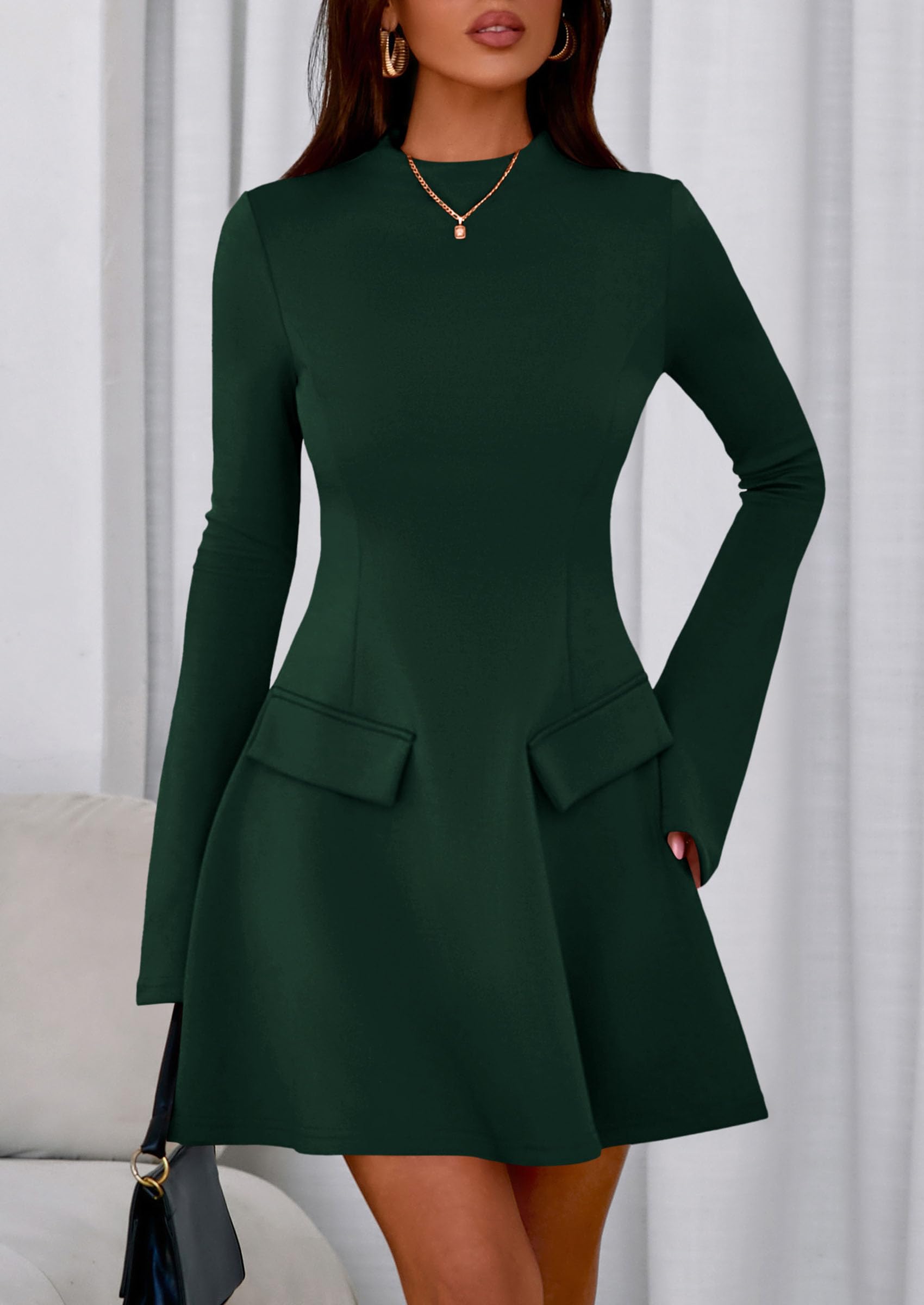 Women's Fall Bell Sleeve Short Dress,Dark Green,XS