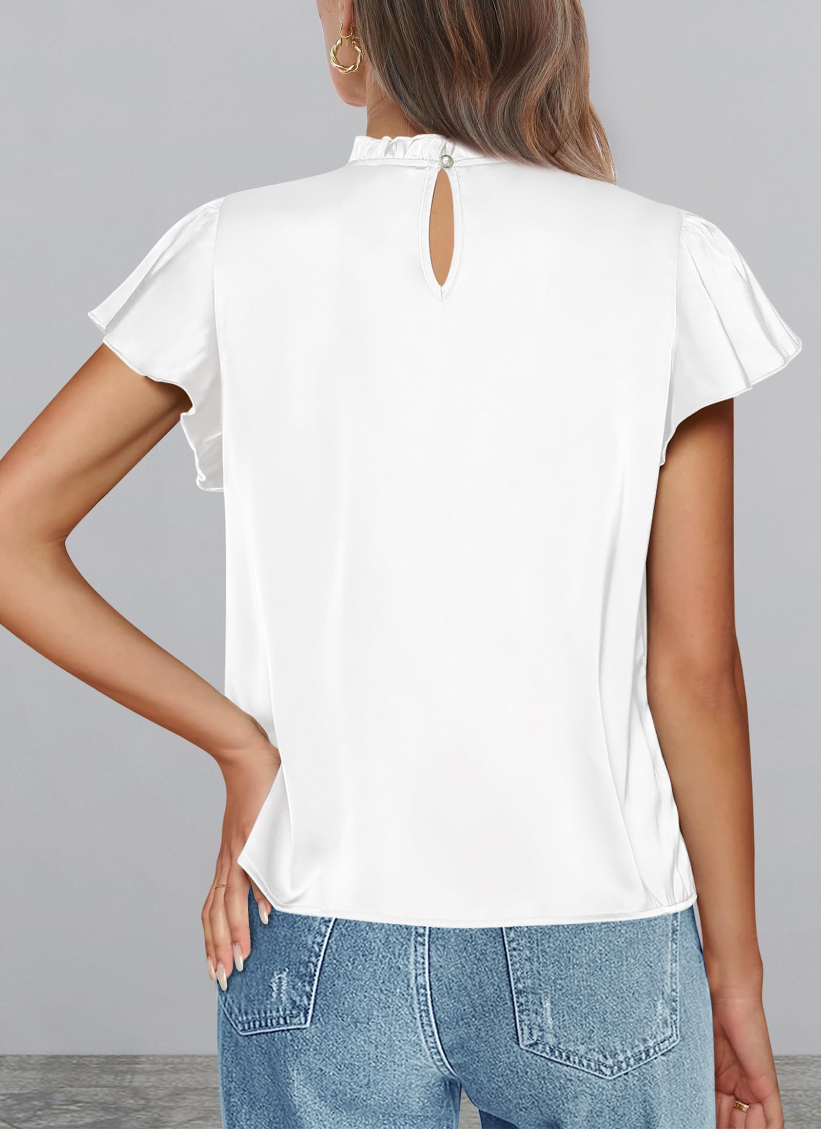 Women's Satin Tops Business Casual Work Blouses, White,M