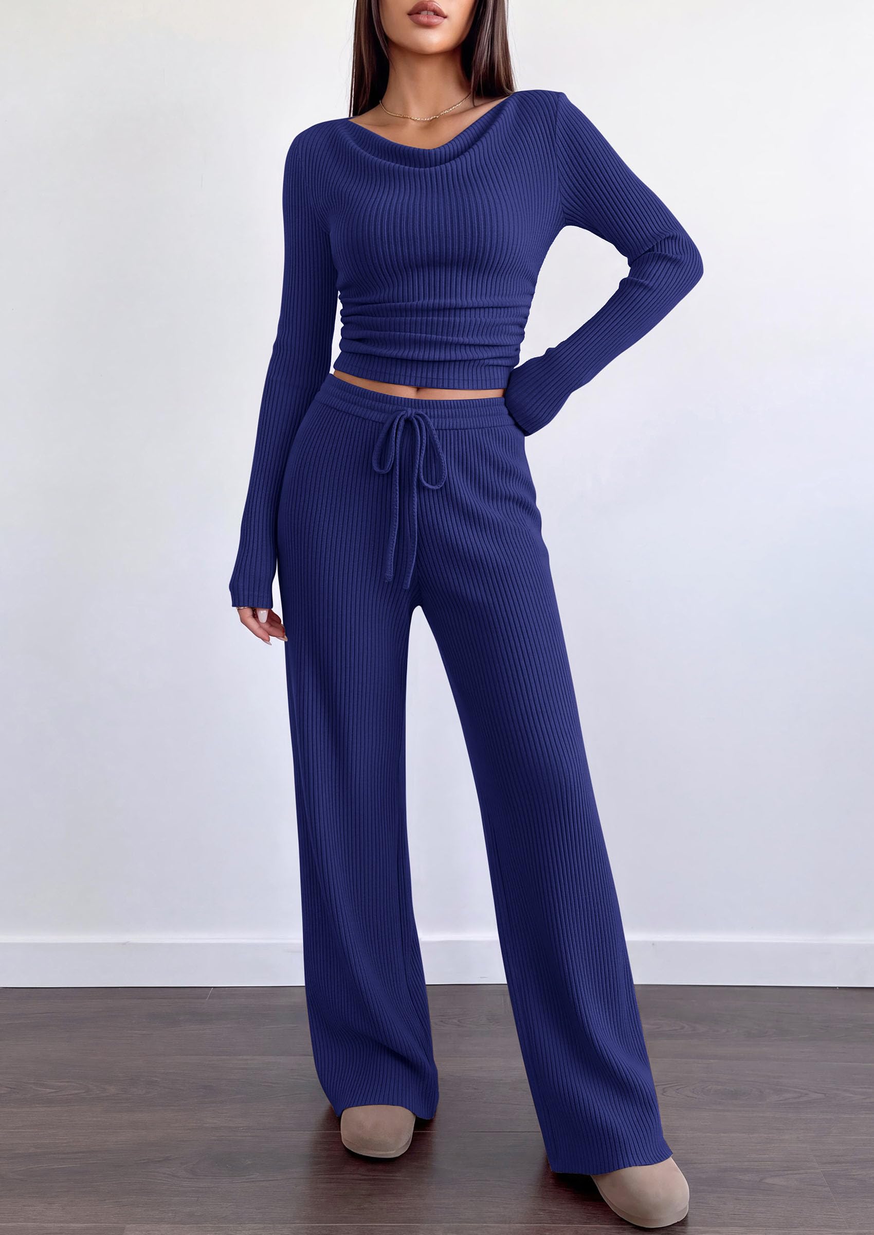 Matching Sets Women Clothing Fall Ribbed 2 Piece Lounge Set