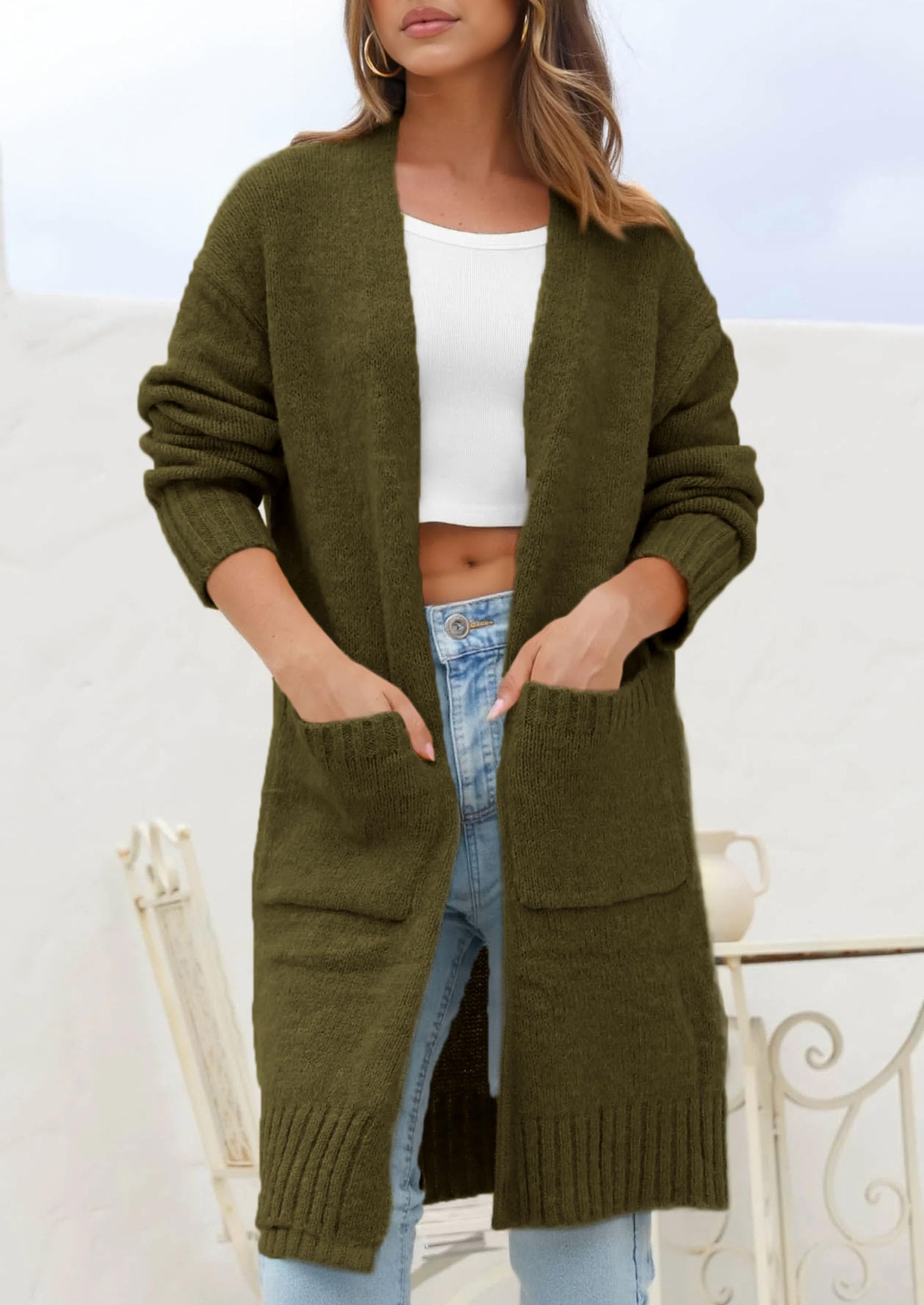 Open Front Cardigan Sweaters for Women,Army Green,S