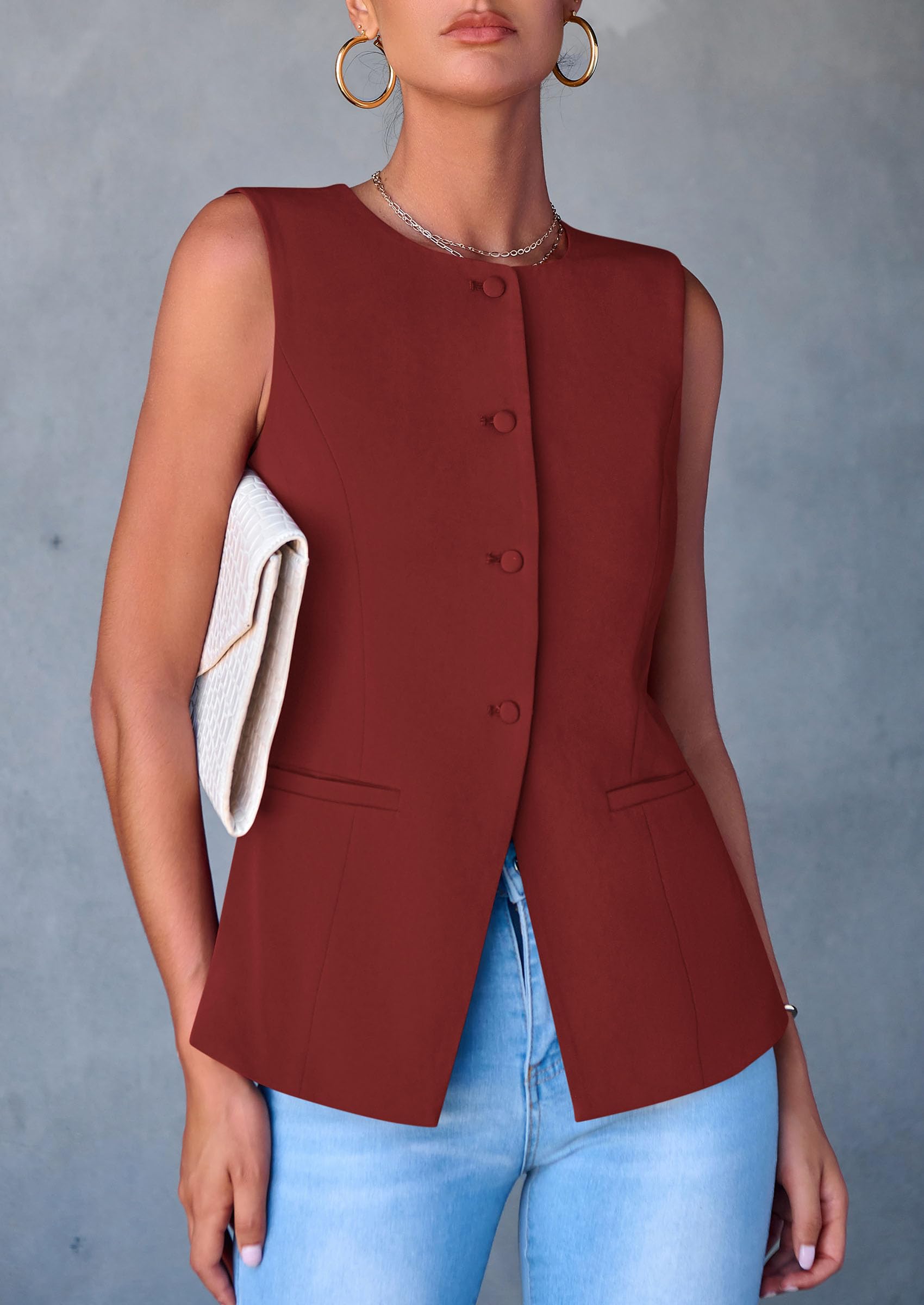 Women Tailored Suit Vest Business Casual Tops, Orange Red,S