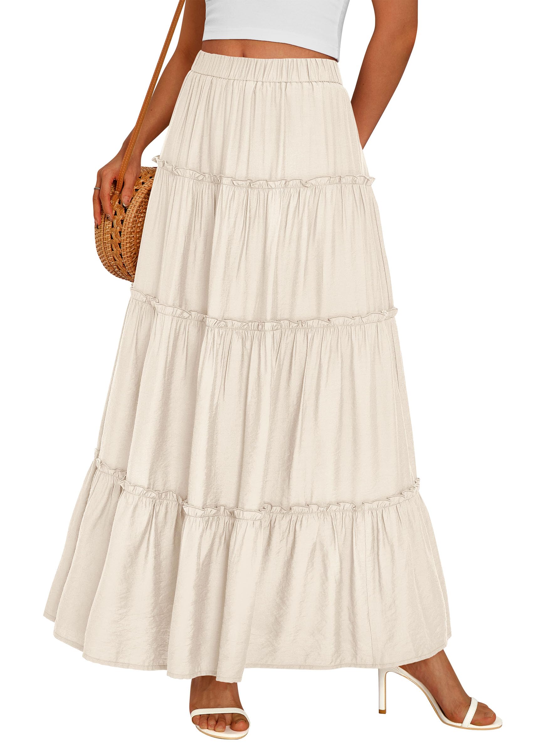 Women's Boho Tiered Ruffle Flowy Maxi Skirt, Beige,S