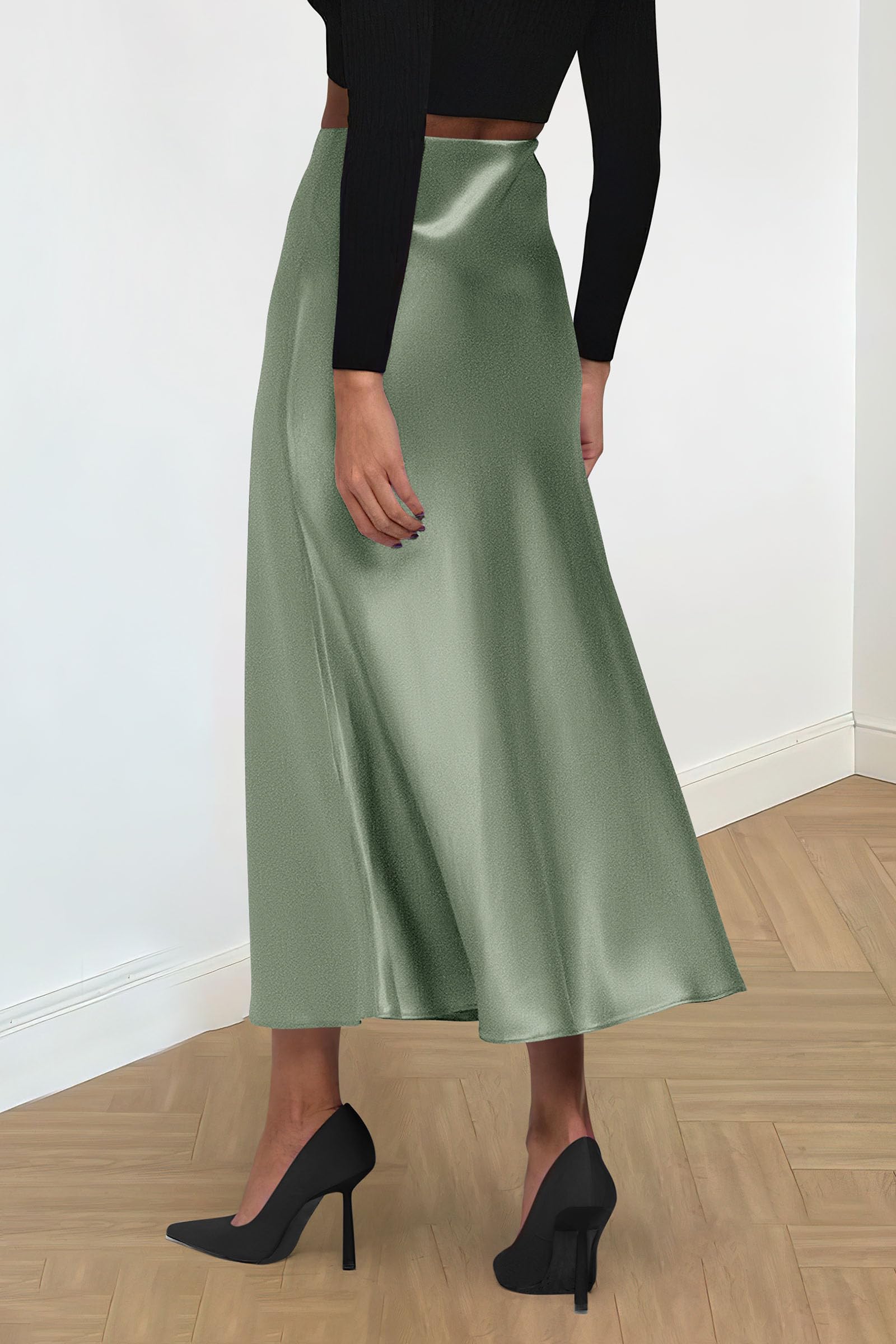 Women's Satin Midi Skirts Dressy Casual,Light Green,S
