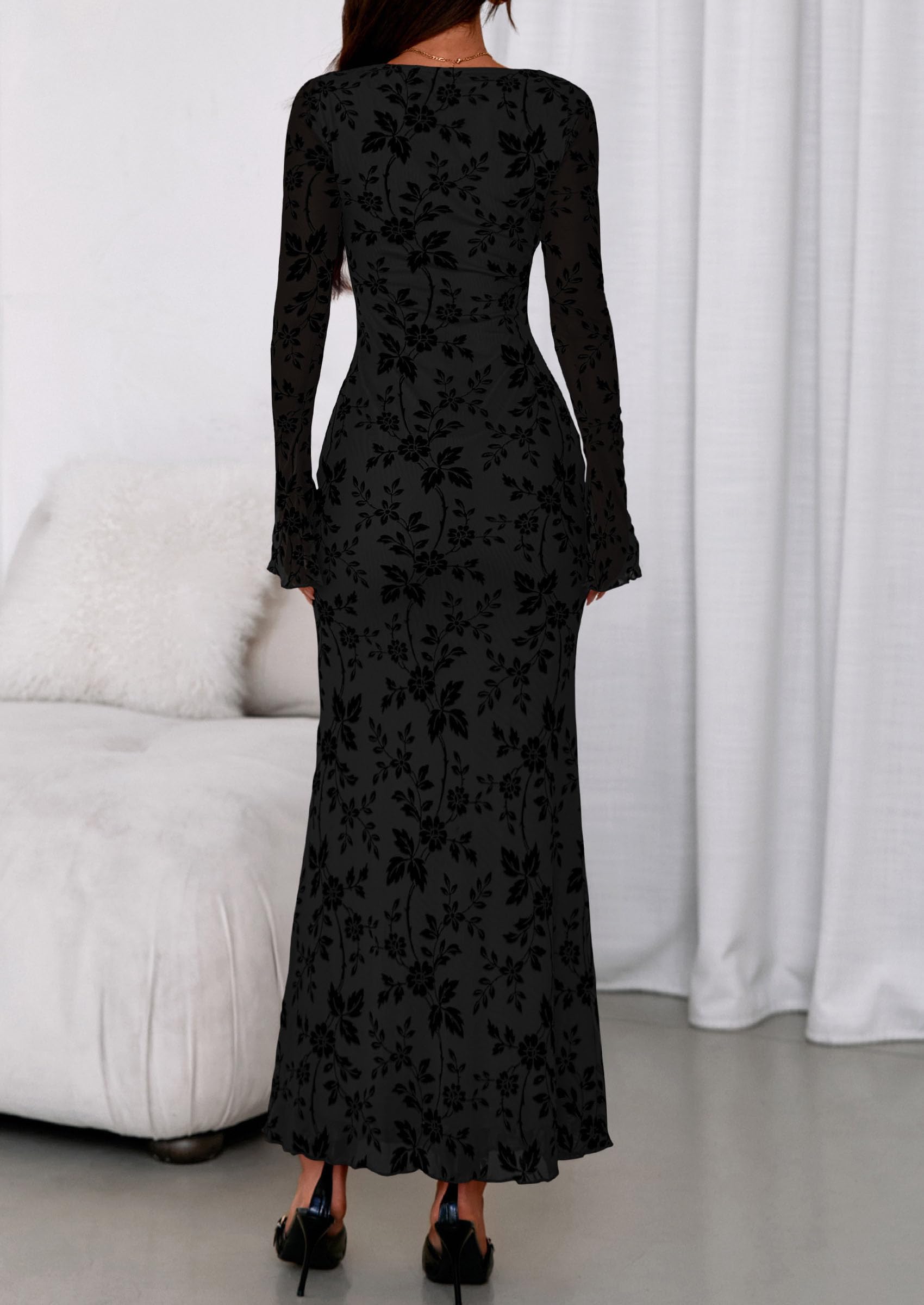 Women's Floral Bodycon Maxi Dress Wedding Guest Dresses Black