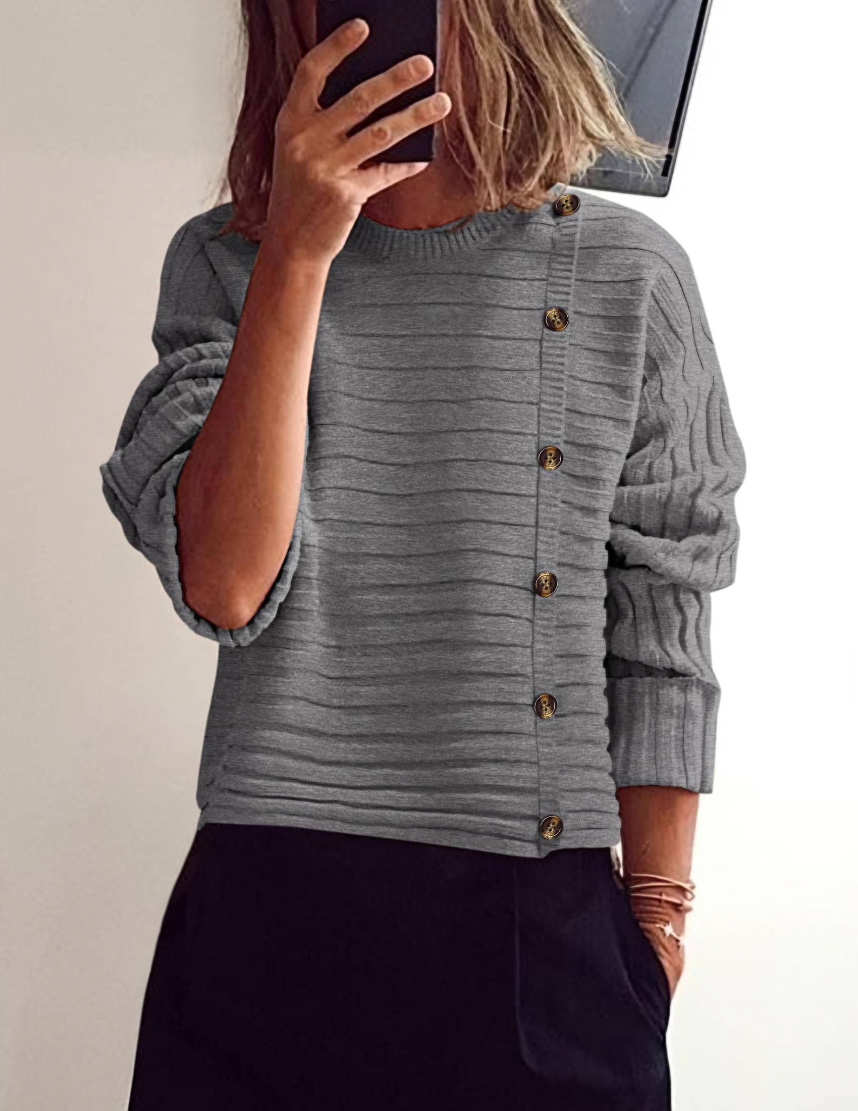 Womens Asymmetric Button Long Sleeve Sweater,Grey,S