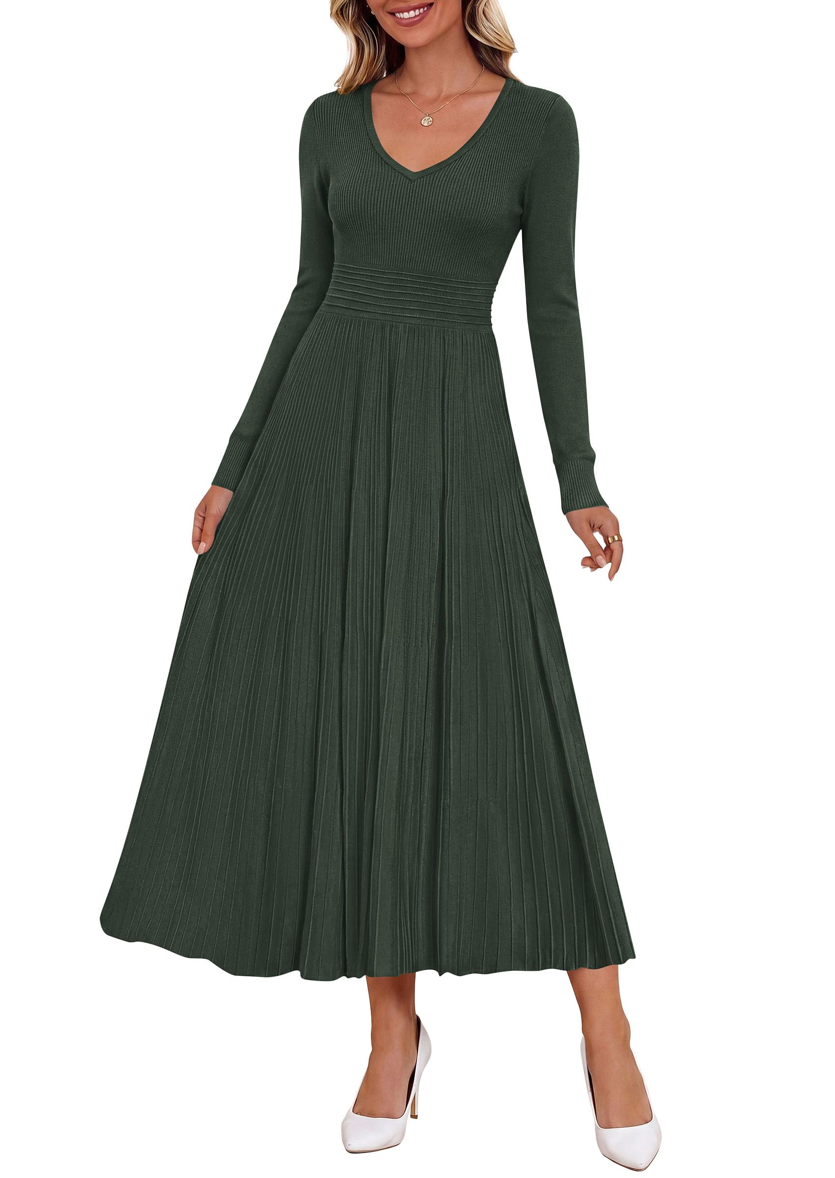 Women's Fall V Neck Pleated Midi Sweater Dress,Army Green,S