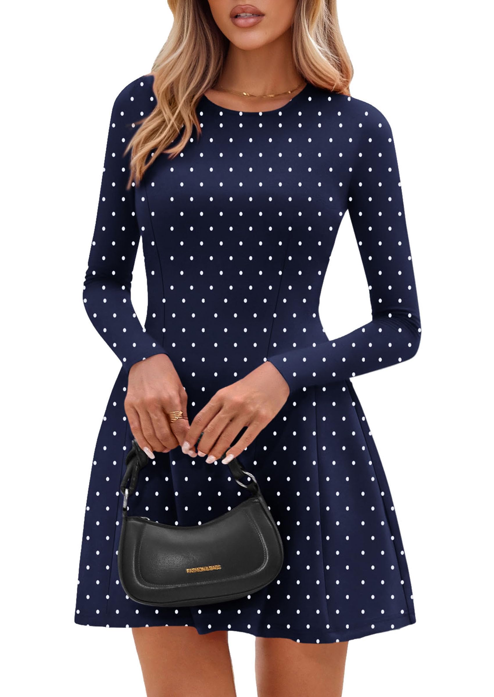 Womens Long Sleeve Pleated Mini Dress,Dot Navy White,XS