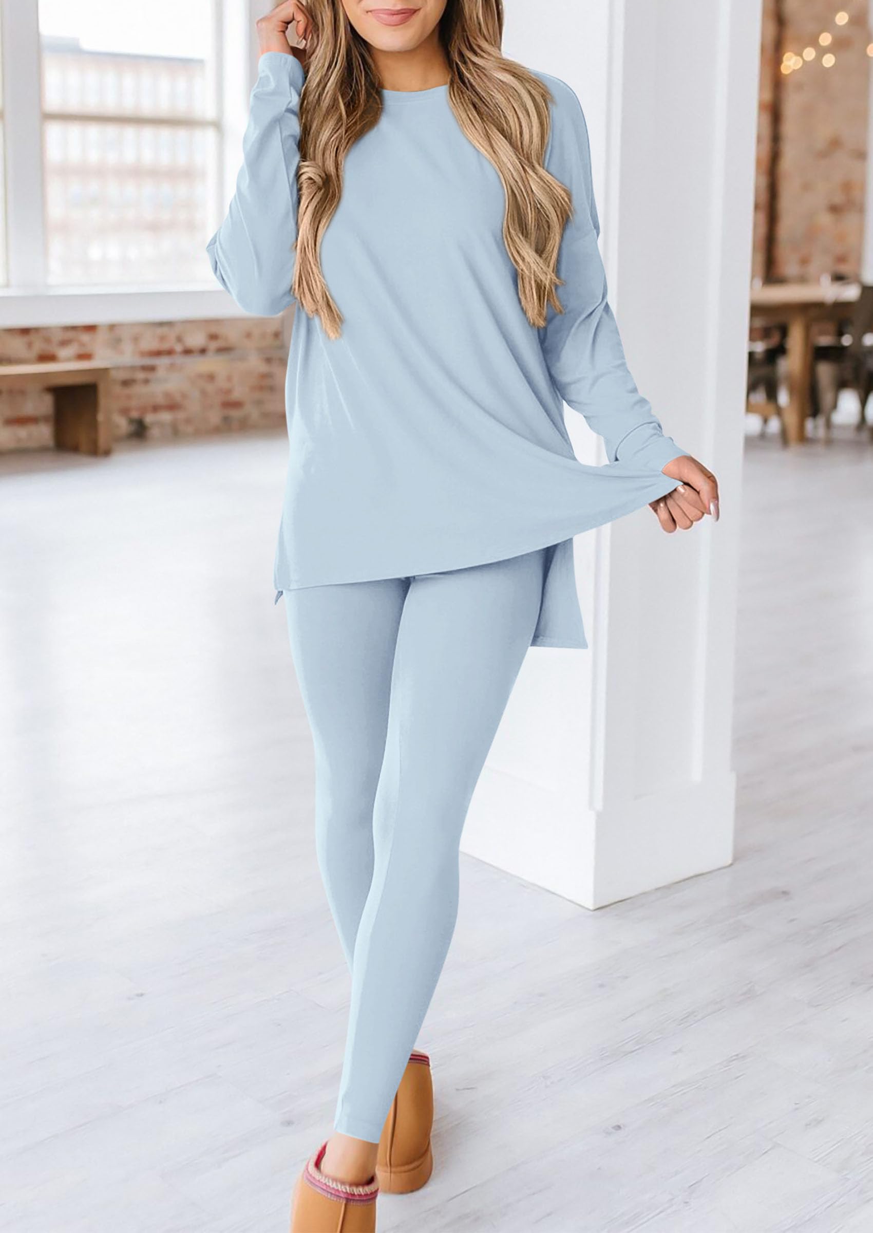 Women's 2 Piece Outfits Matching Lounge Sets,Light Blue,S