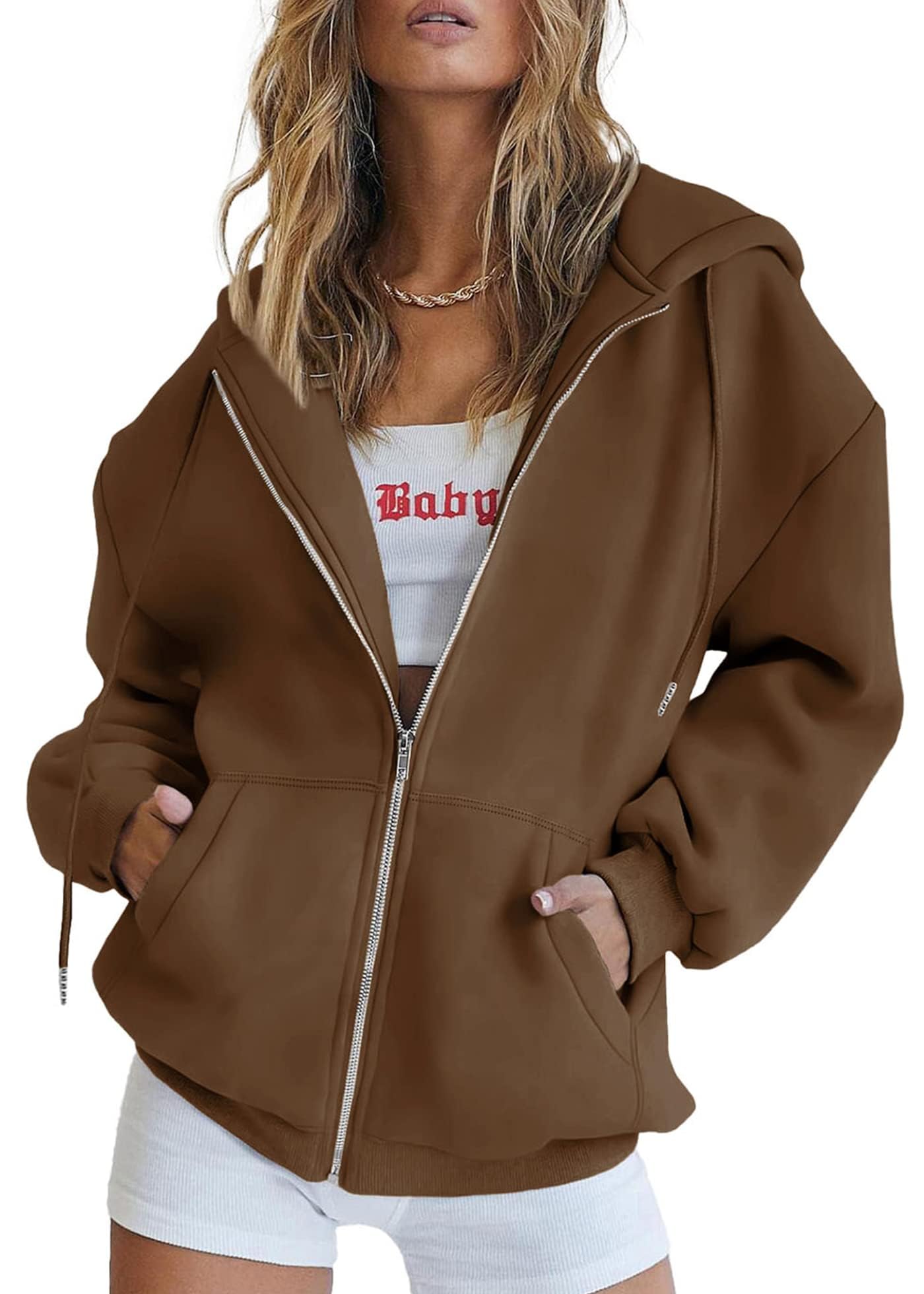 Women's Fall Zip Up Hoodies Sweatshirts Brown
