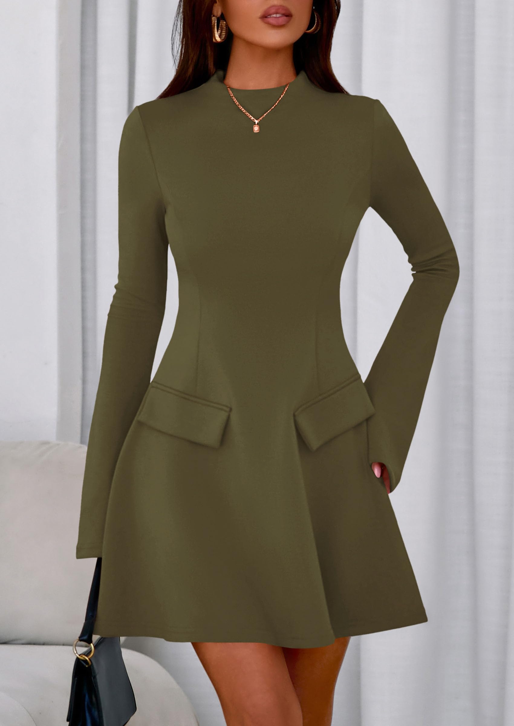 Women's Fall Bell Sleeve Short Dress,Army Green,XS