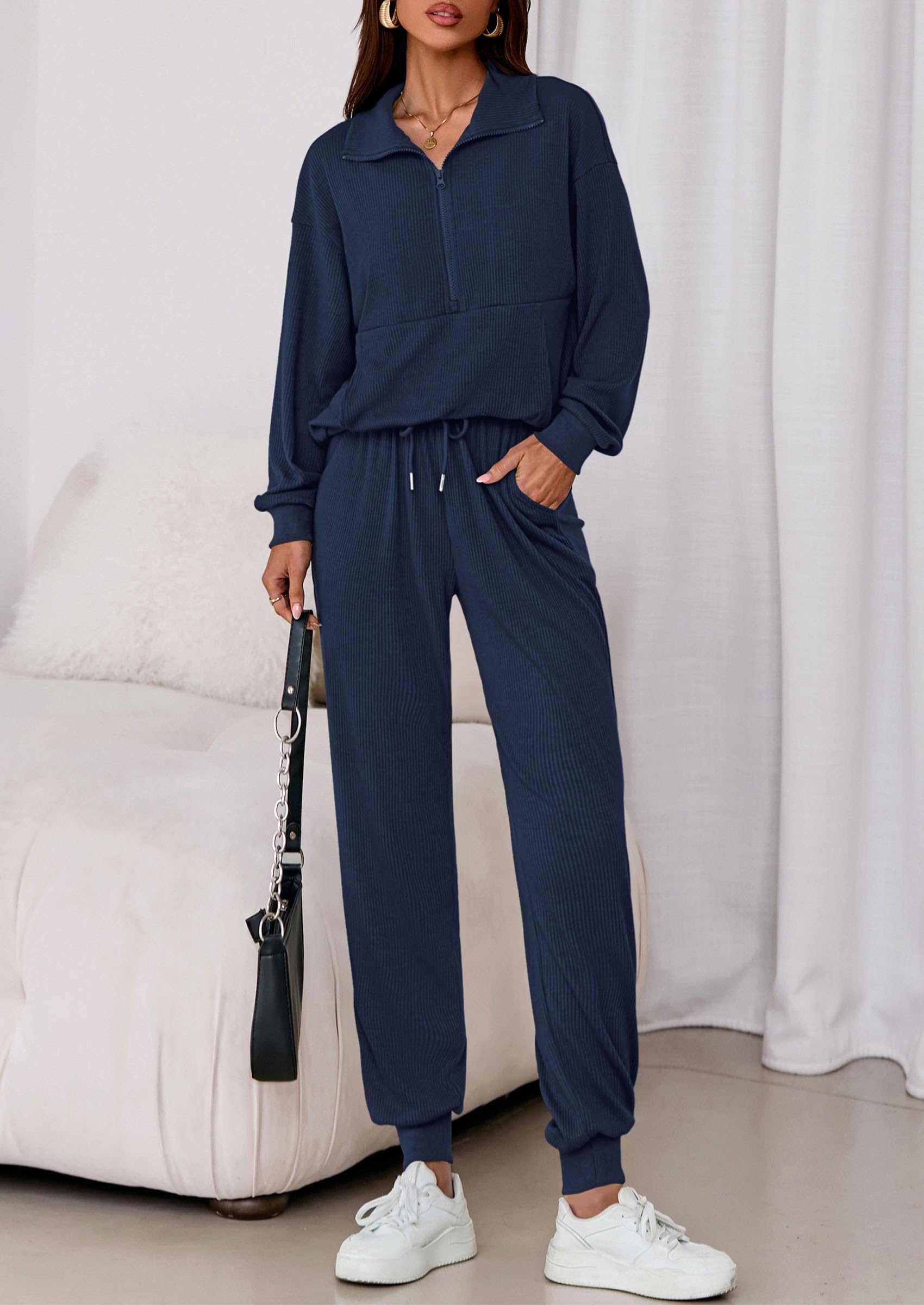 Airport Travel Outfit Women Ribbed Knit Matching Lounge Sets