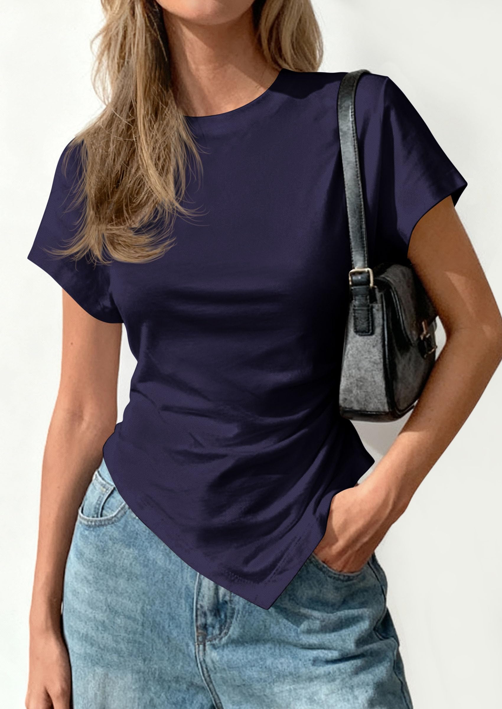 Womens Asymmetrical Summer Short Sleeve Tops,Navy,XS