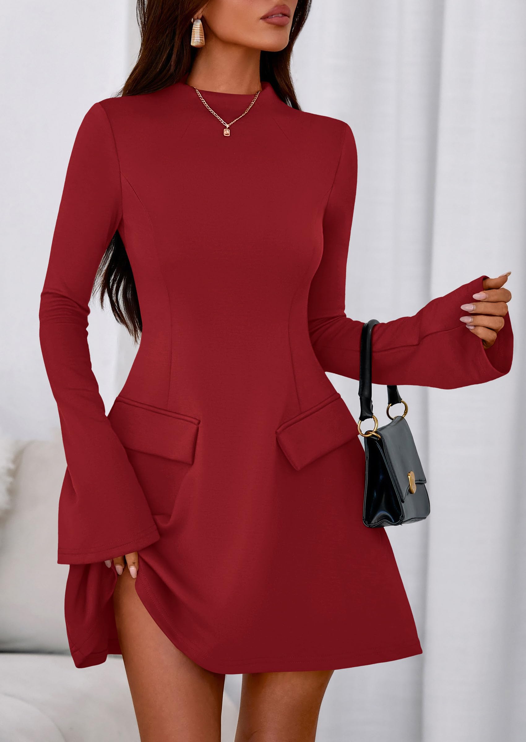 Women's Fall Bell Sleeve Short Dress,Red,XS