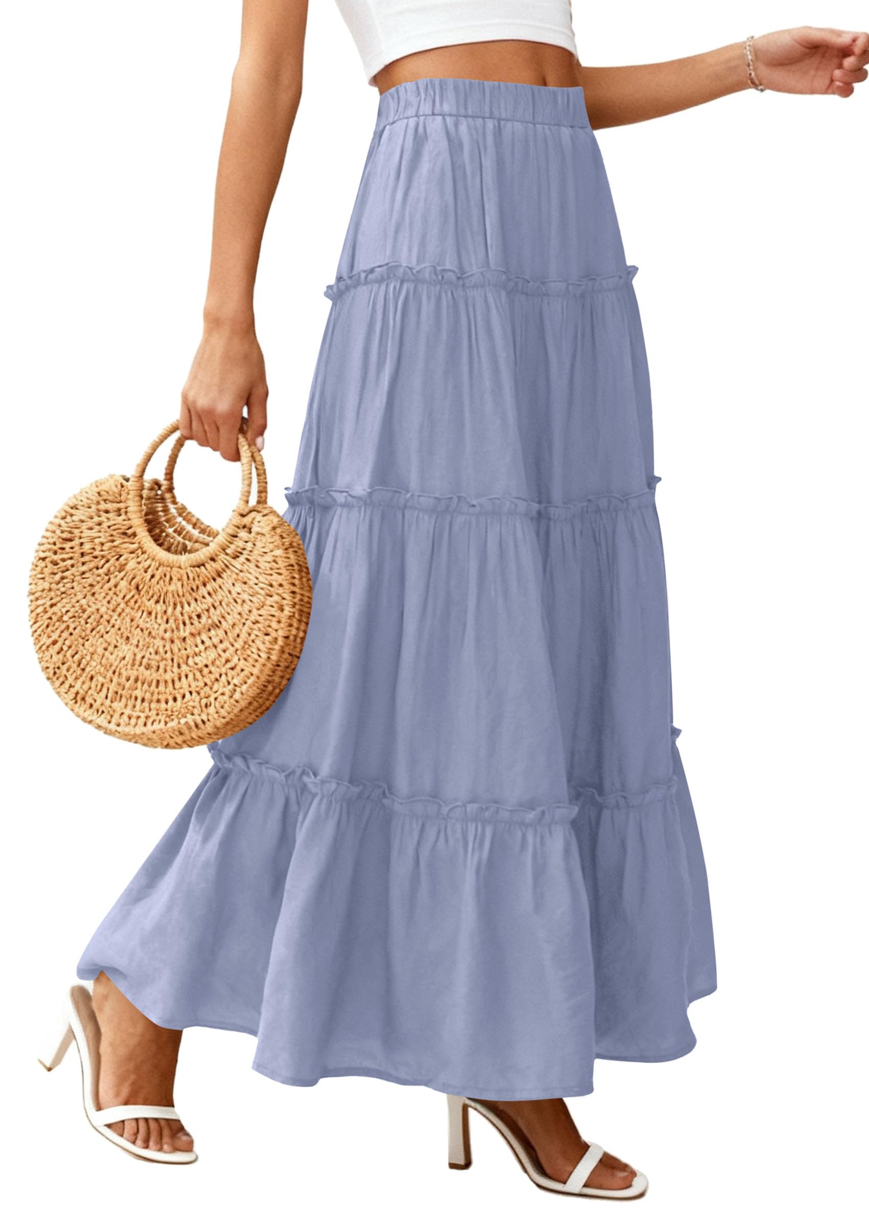 Women's Boho Tiered Ruffle Flowy Maxi Skirt, Blue,S