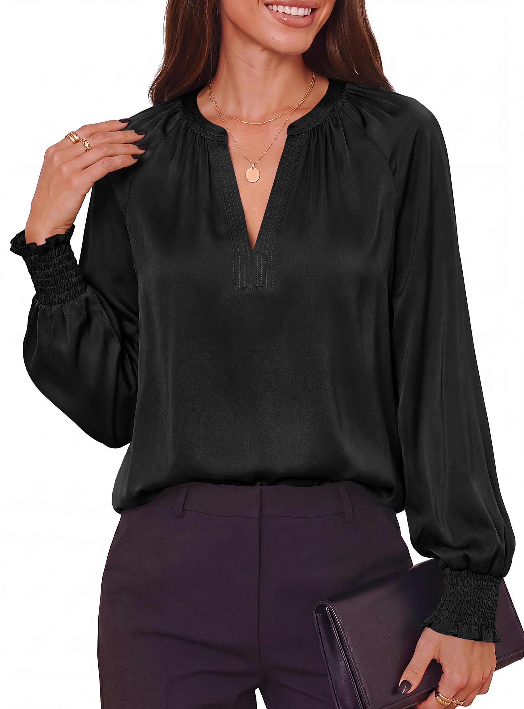 Women's Satin Blouses V Neck Long Sleeve Tops,Black,S