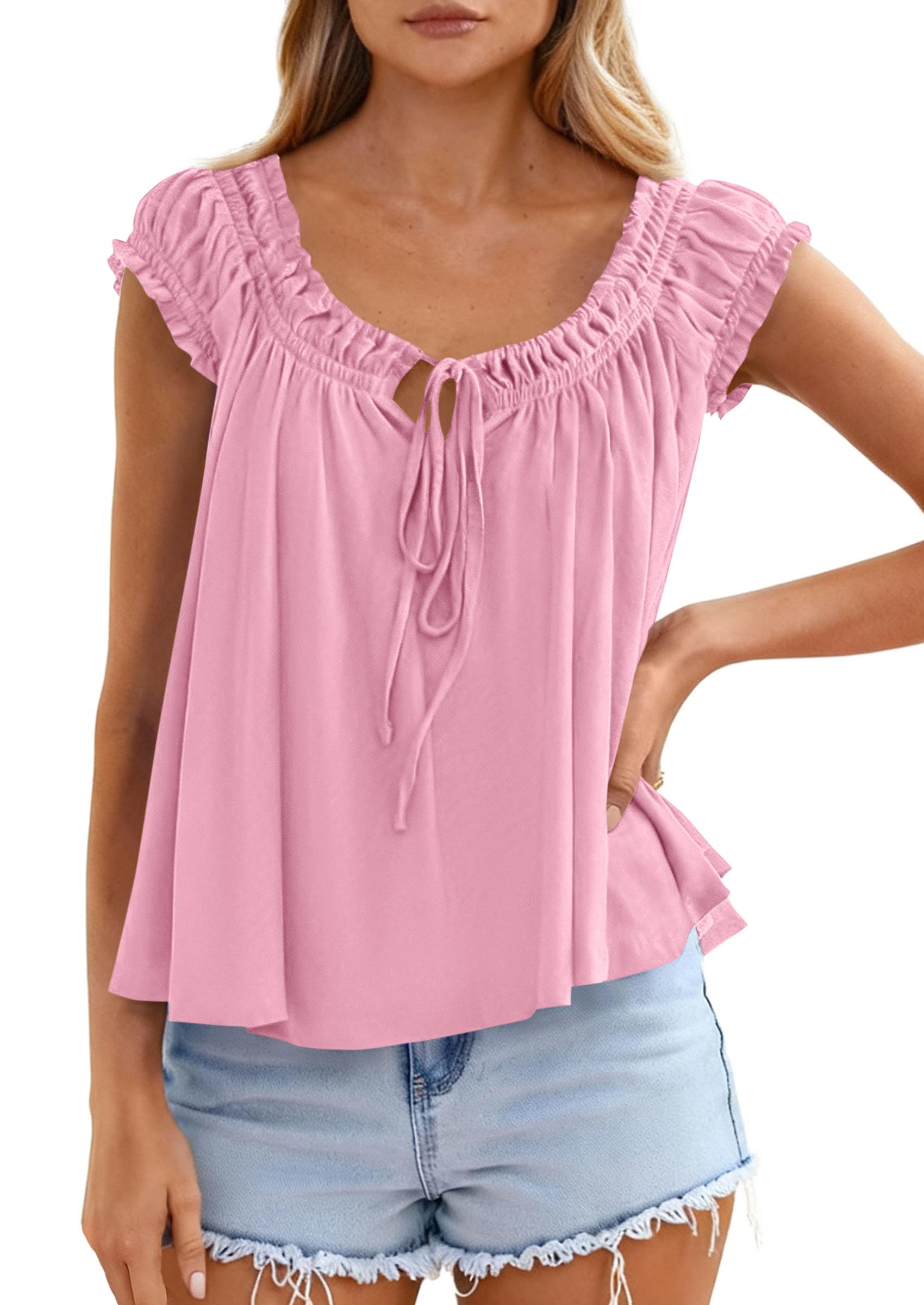 Womens Summer Tank Tops Babydoll Peplum Blouses,Pink,XS