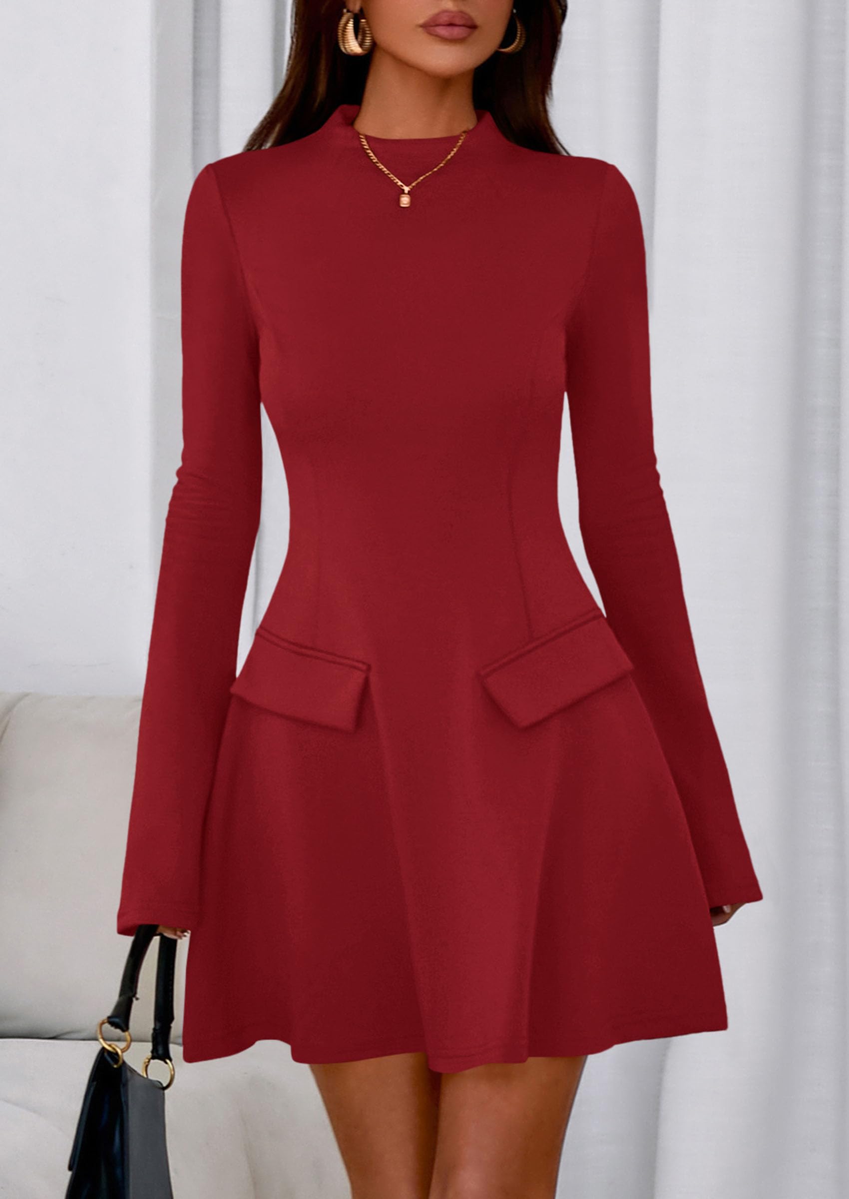 Women's Fall Bell Sleeve Short Dress,Red,XS
