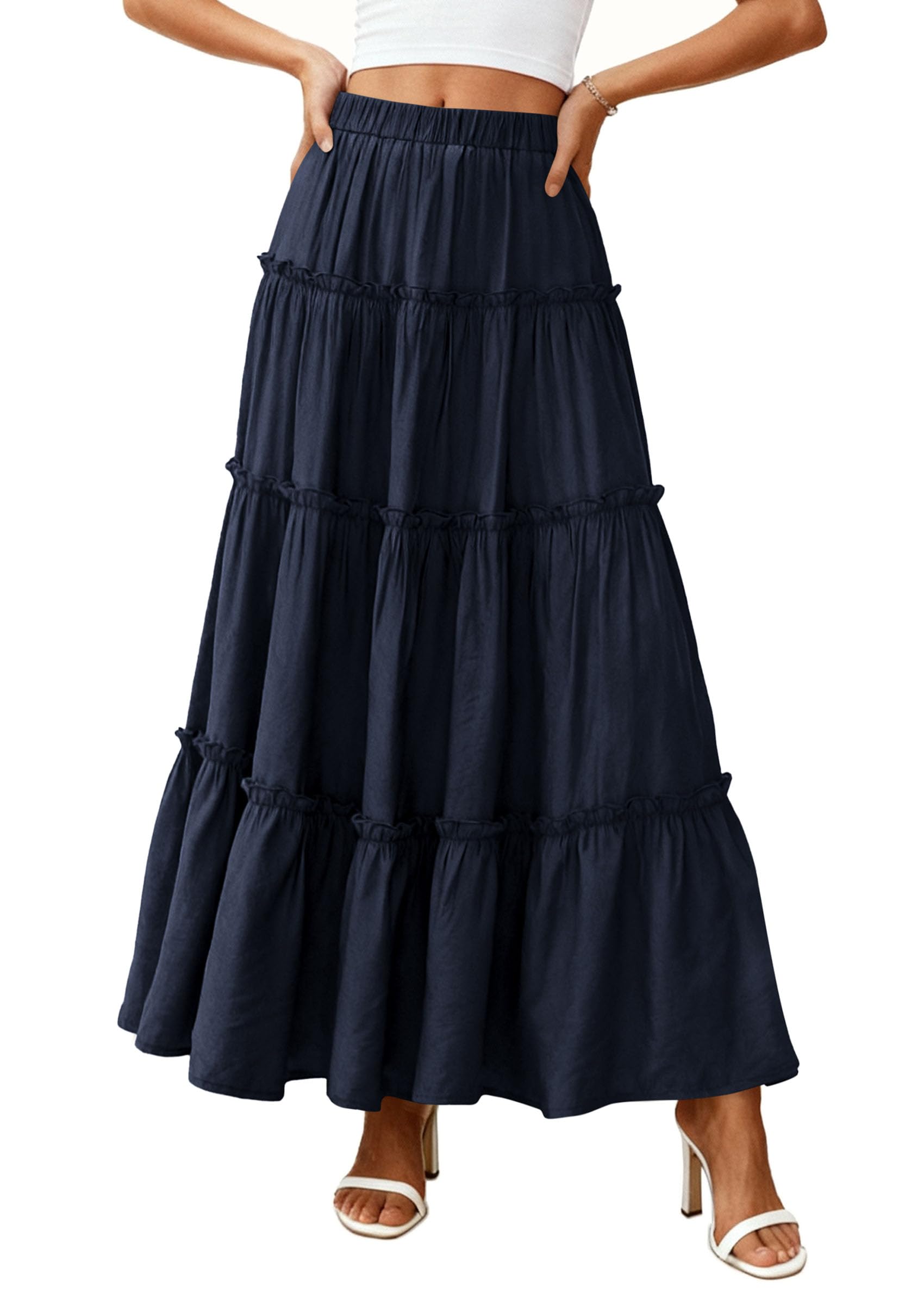 Women's Boho Tiered Ruffle Flowy Maxi Skirt, Navy Blue,L