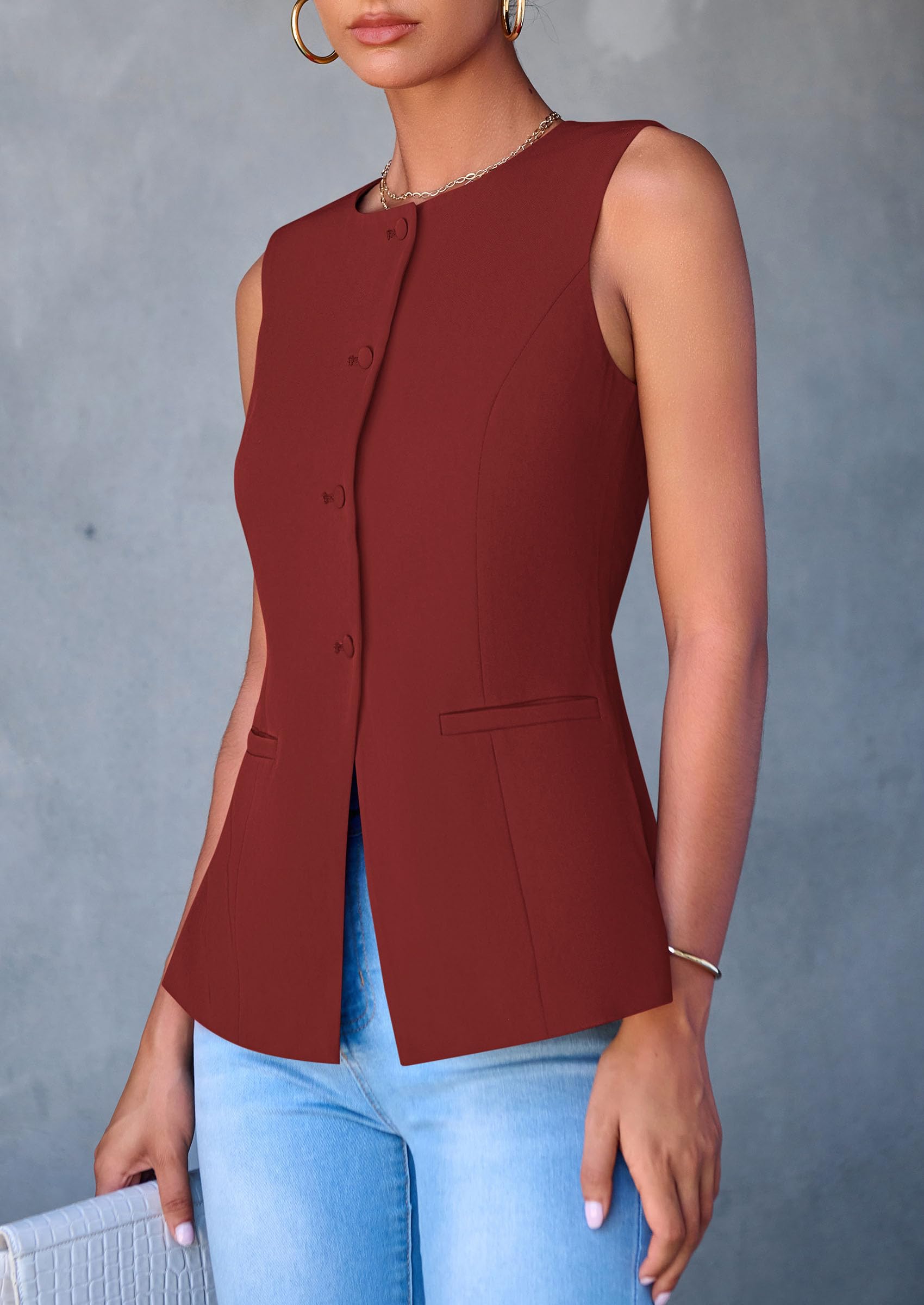 Women Tailored Suit Vest Business Casual Tops, Orange Red,S