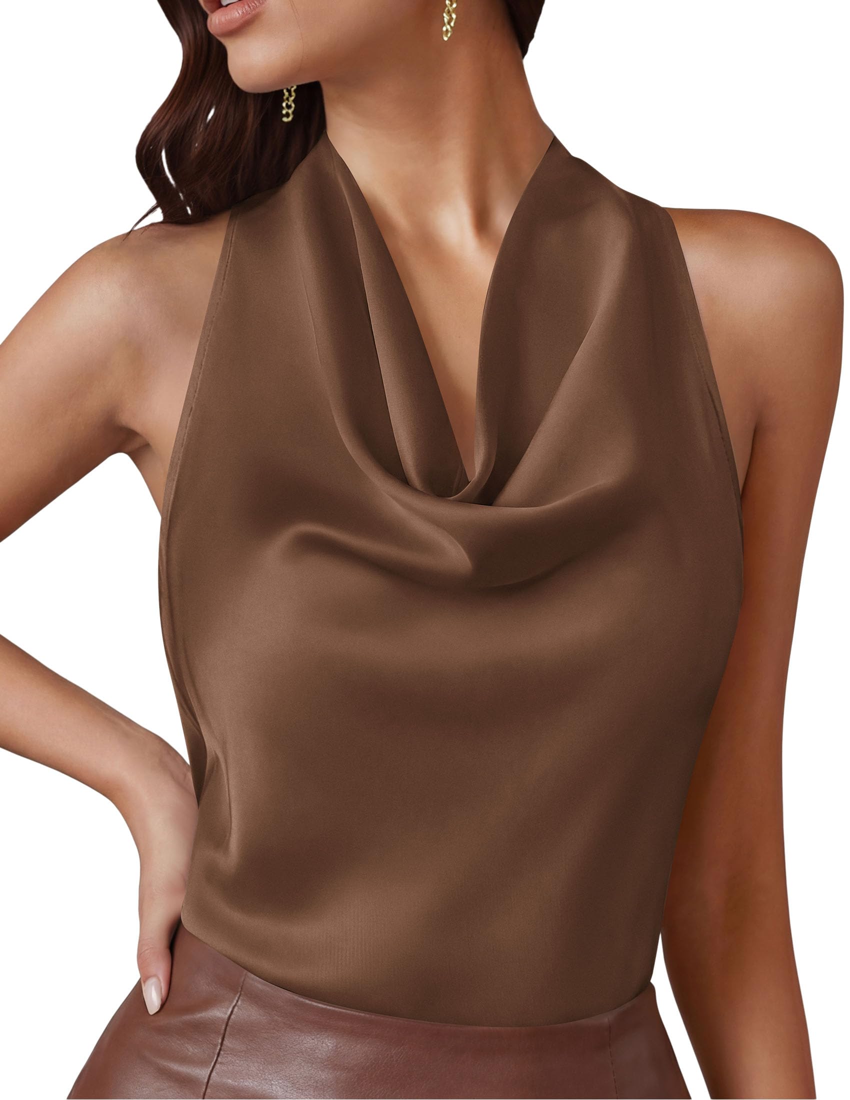 Satin Halter Tops for Women Dressy Casual Brown,XS