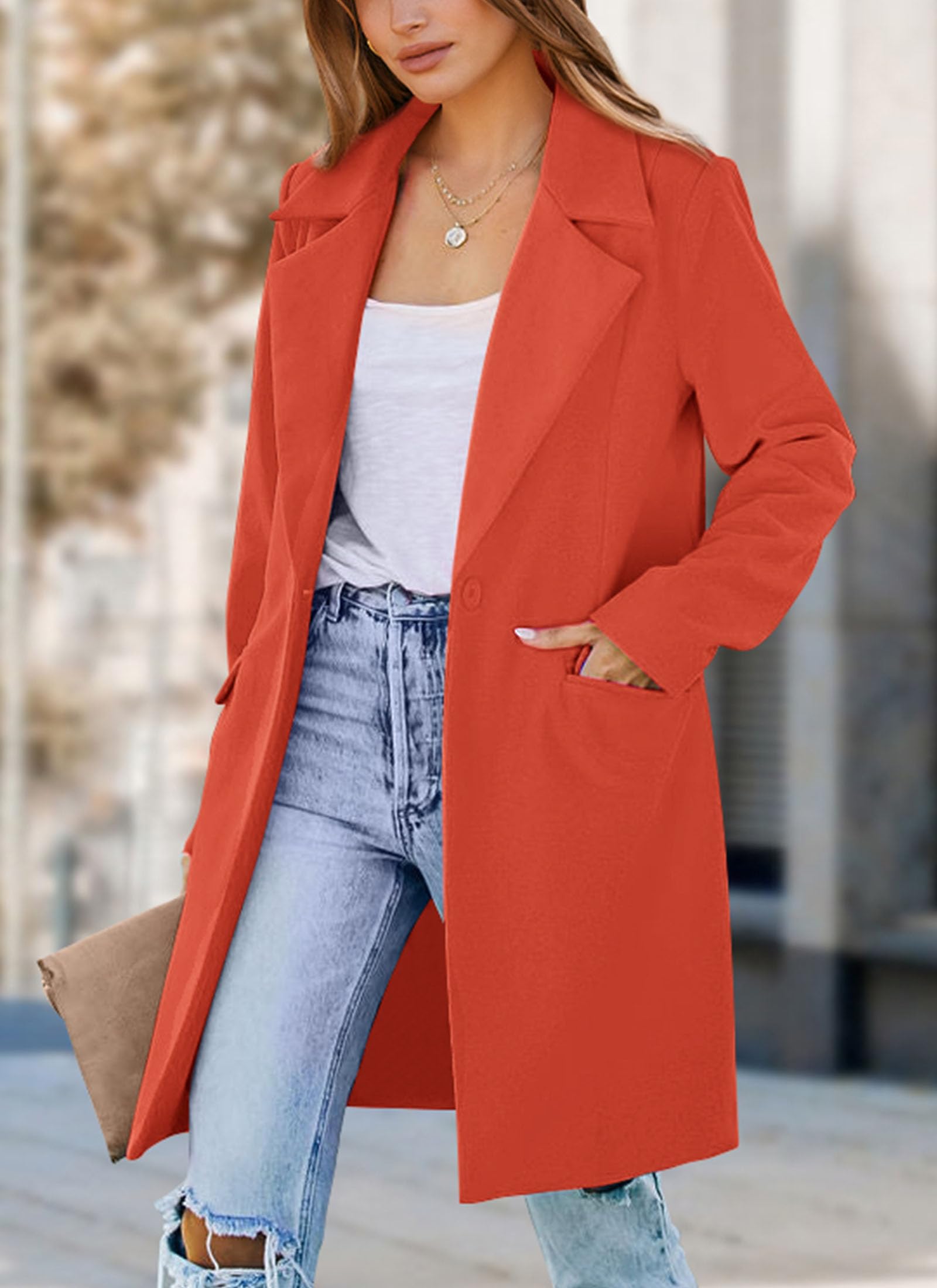 Women's Business Casual Long Blazer Jackets(Orange Red,S)