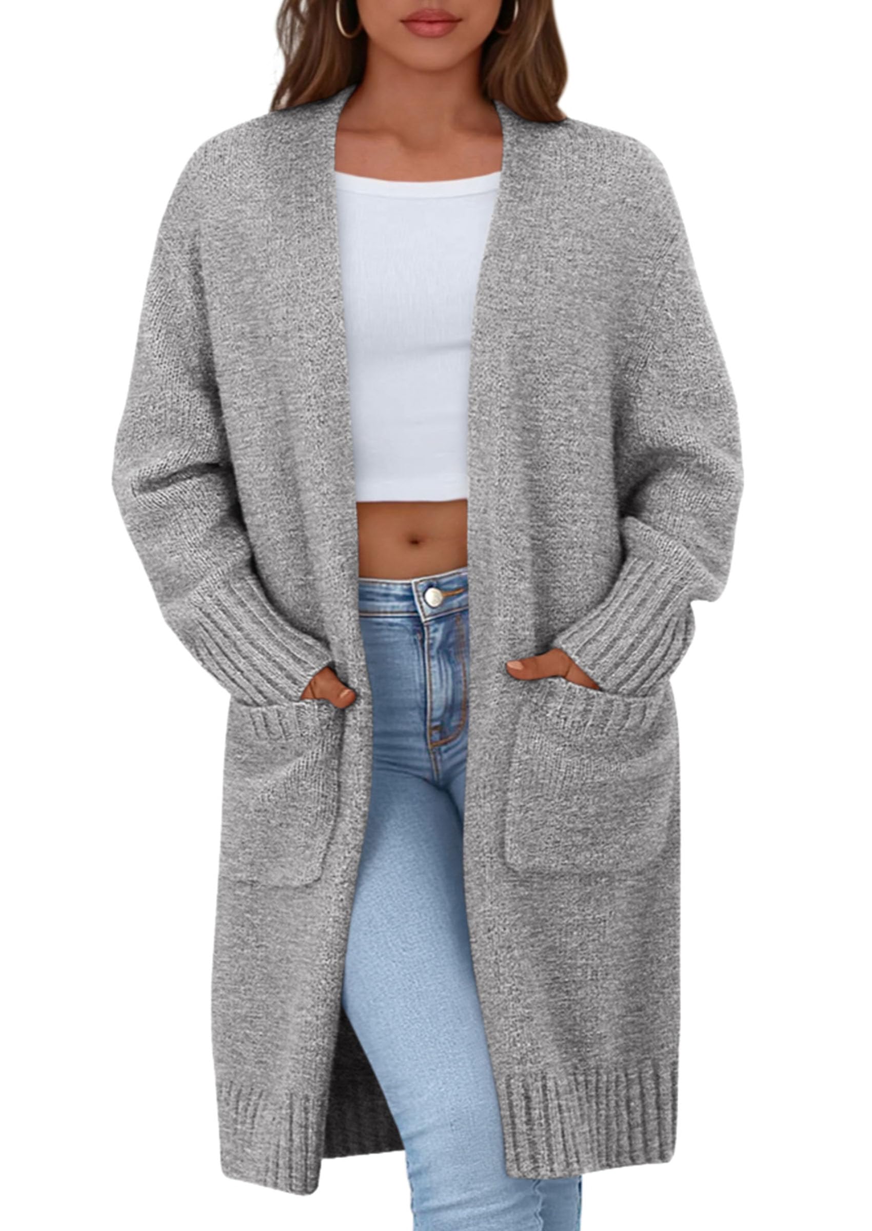 Open Front Cardigan Sweaters for Women,Light Grey,S