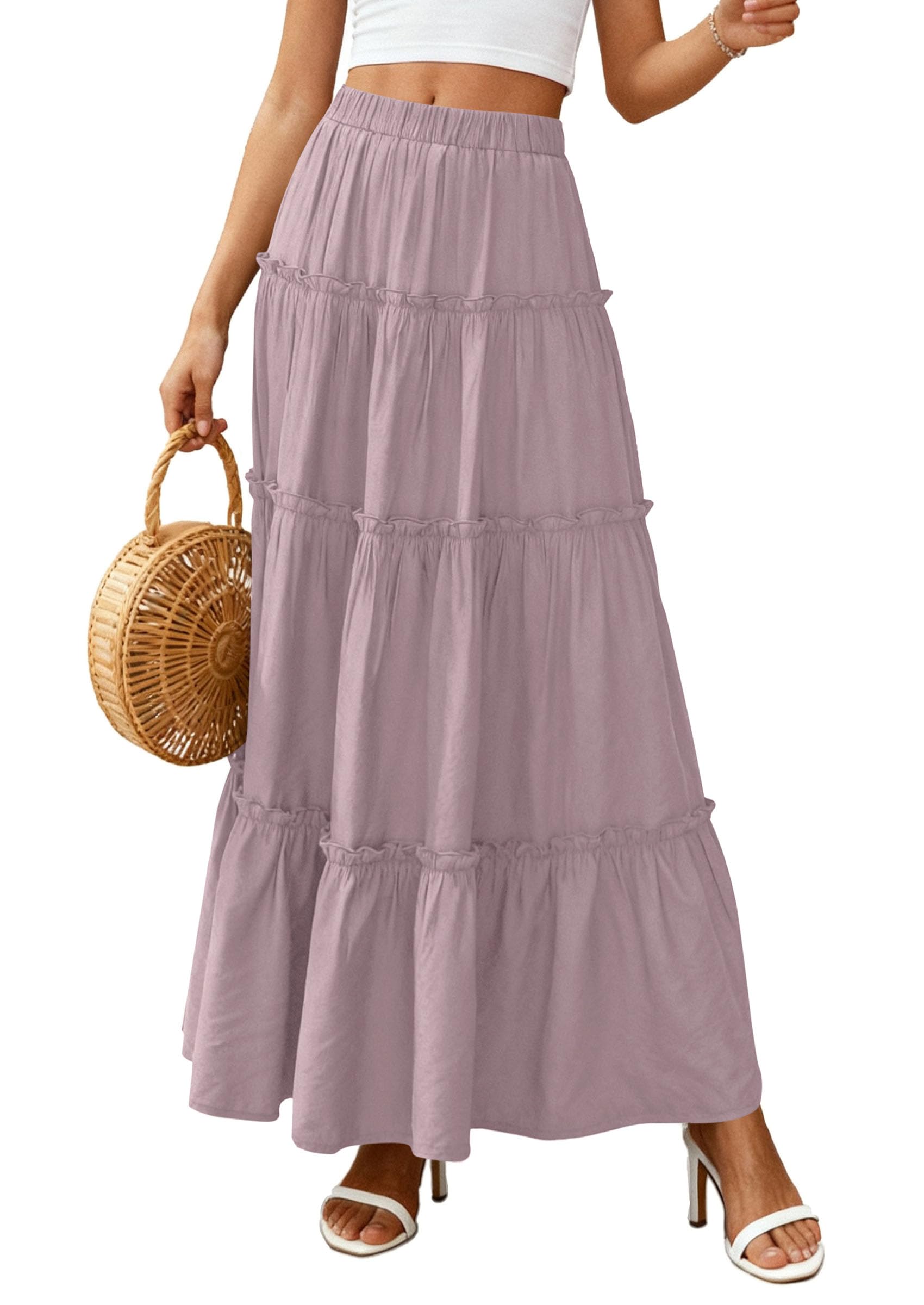 Women's Boho Tiered Ruffle Flowy Maxi Skirt, Purple,S