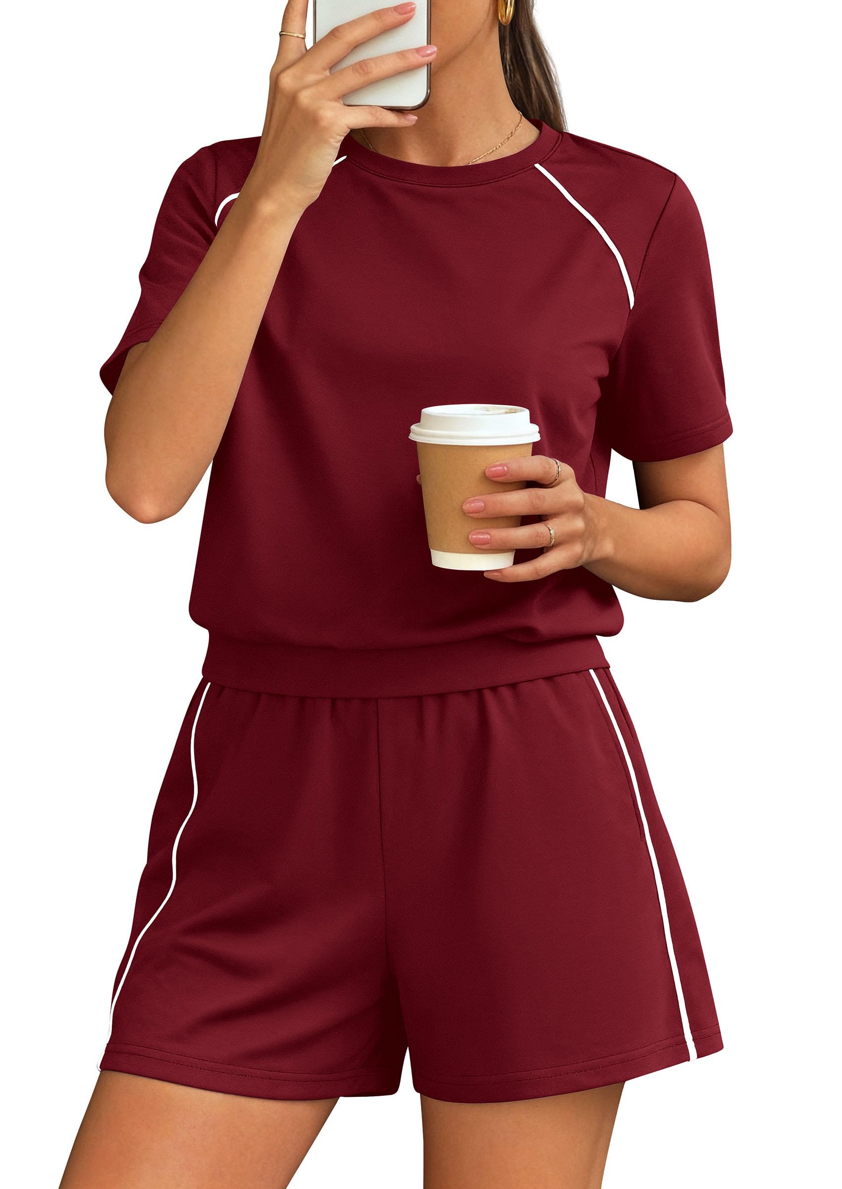 Womens 2 Piece Short Sets Casual Summer Outfits, Burgundy,S