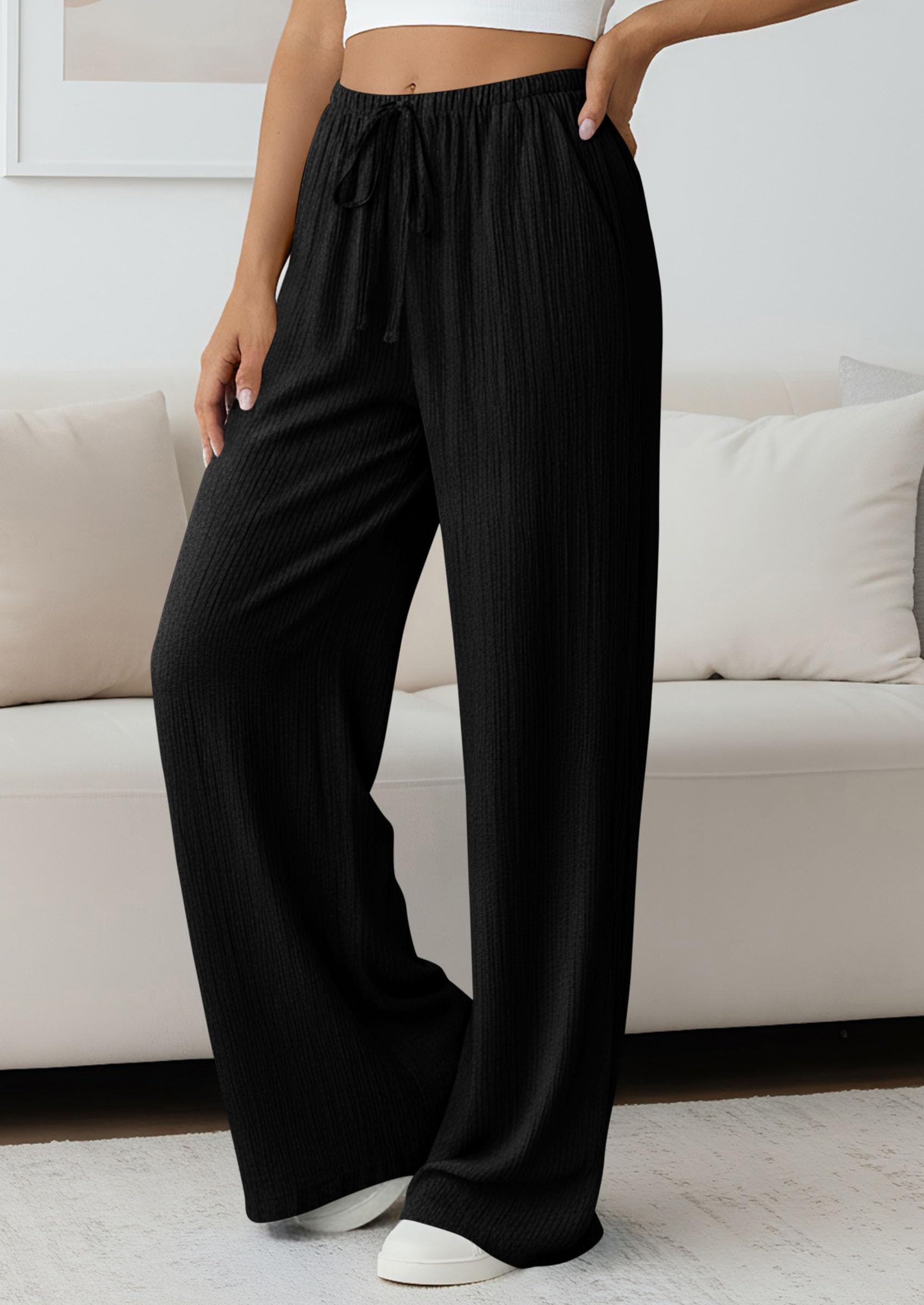 Women's Palazzo Pants Casual Wide Leg Trousers,Black,S
