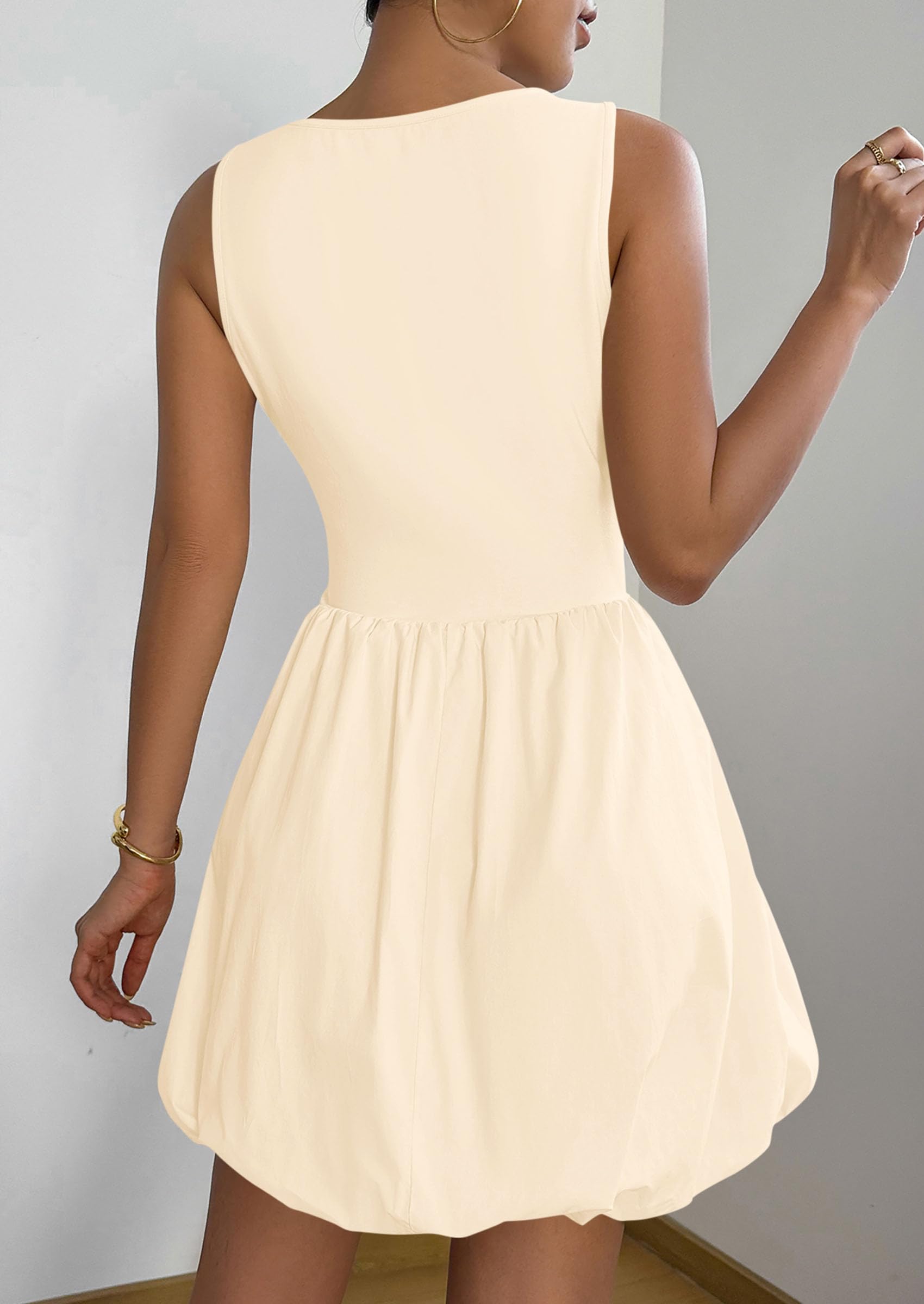 Womens Summer Bubble Sleeveless Mini Dress,Beige,S