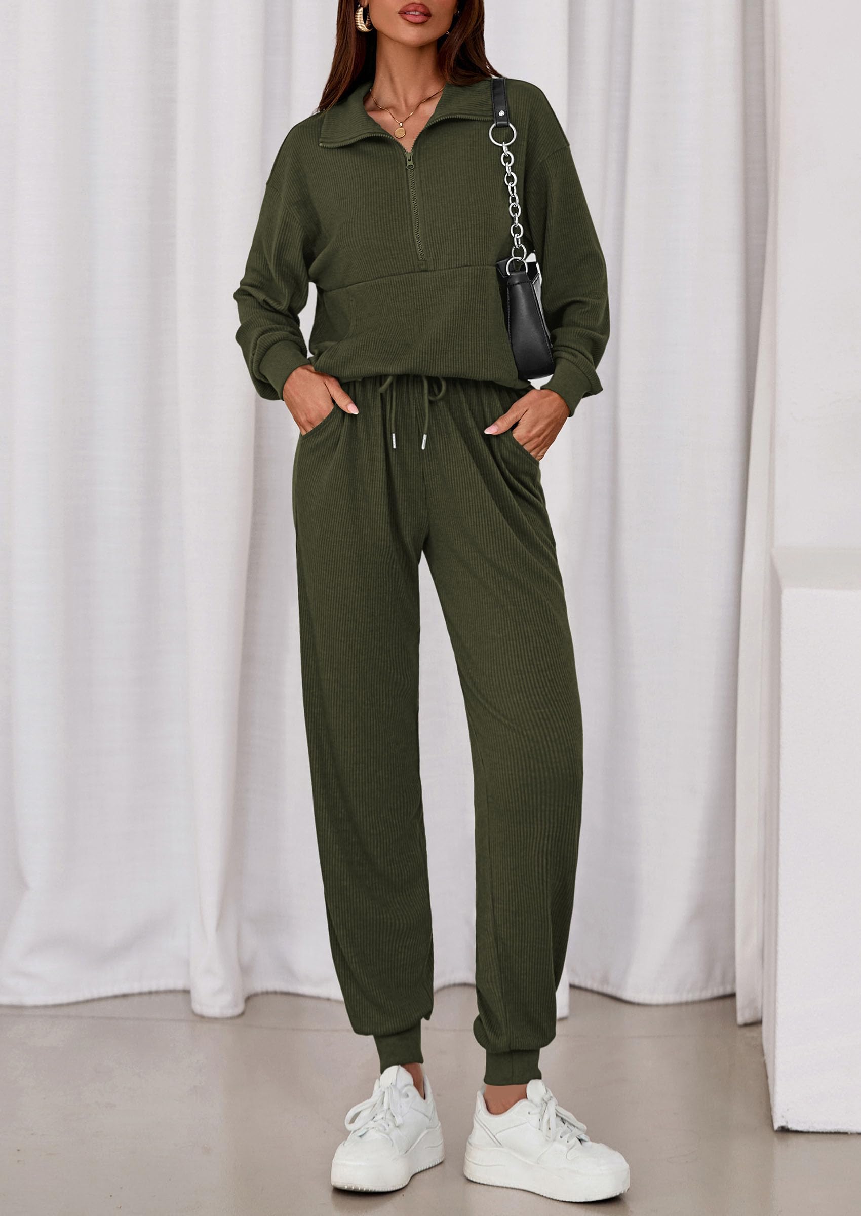 Airport Travel Outfit Women Ribbed Knit Matching Lounge Sets
