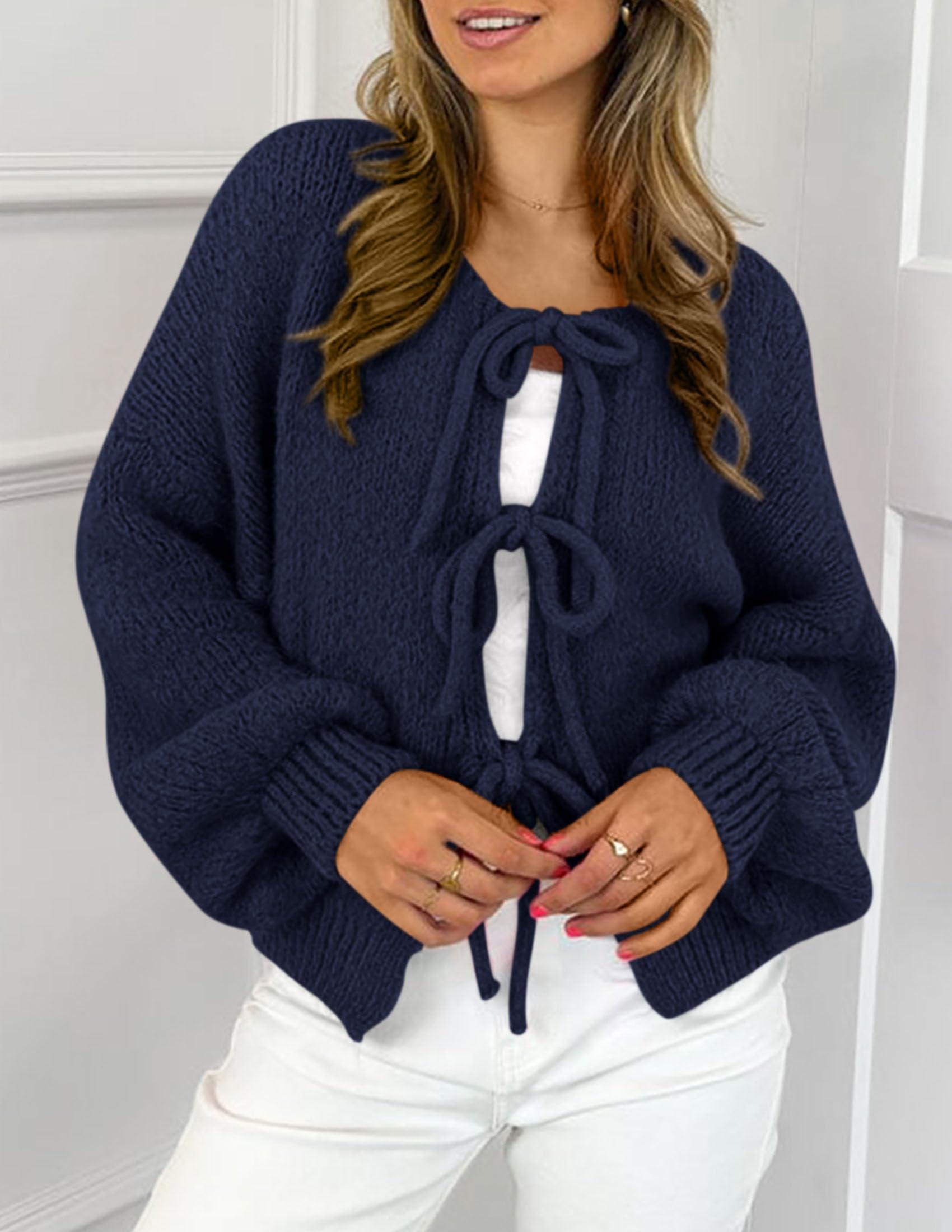 Women's Tie Front Bow Cardigan Sweaters(Navy,Small)