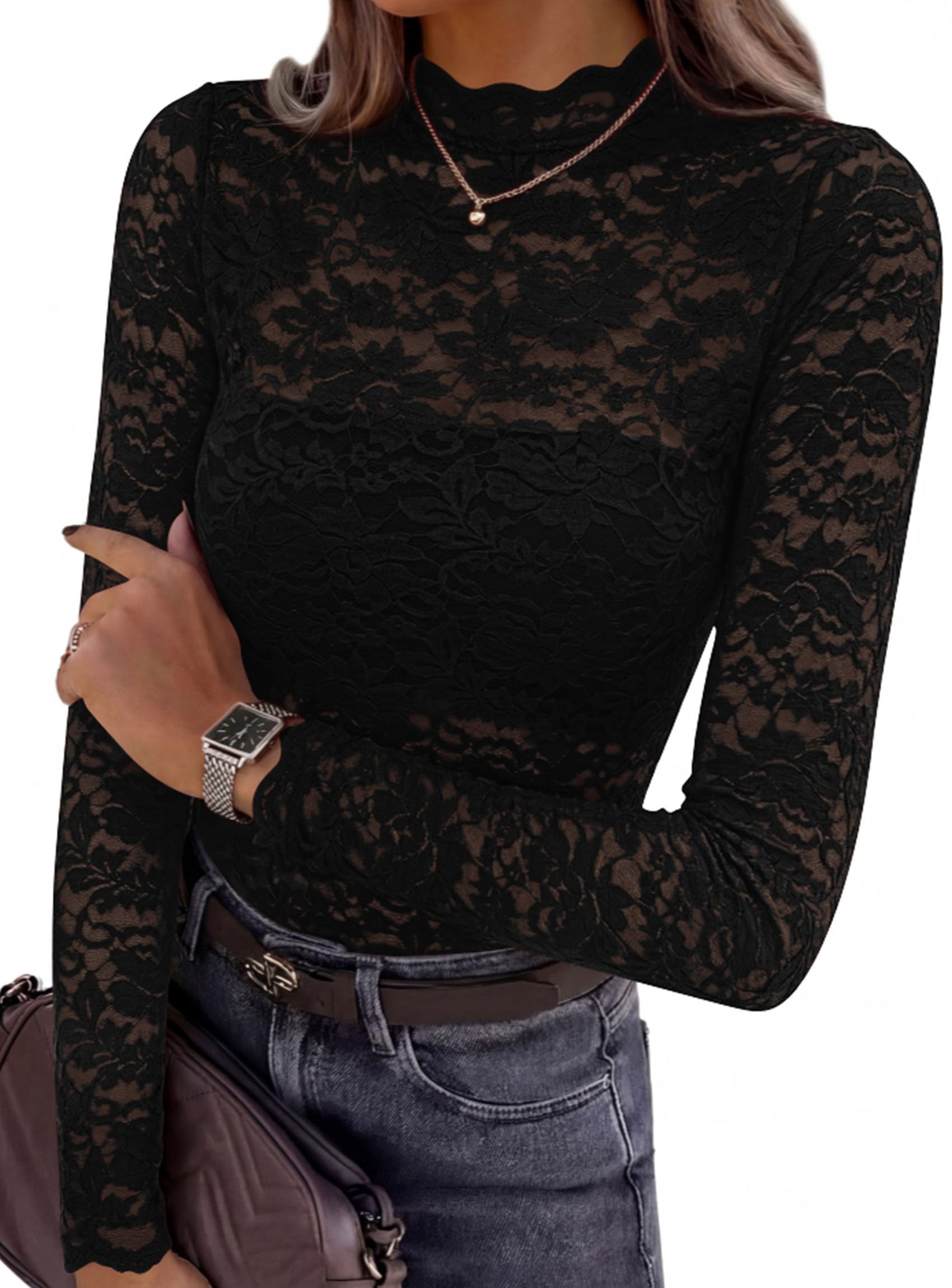 Womens Lace Long Sleeve Tops Sheer Mesh Blouse Black,S