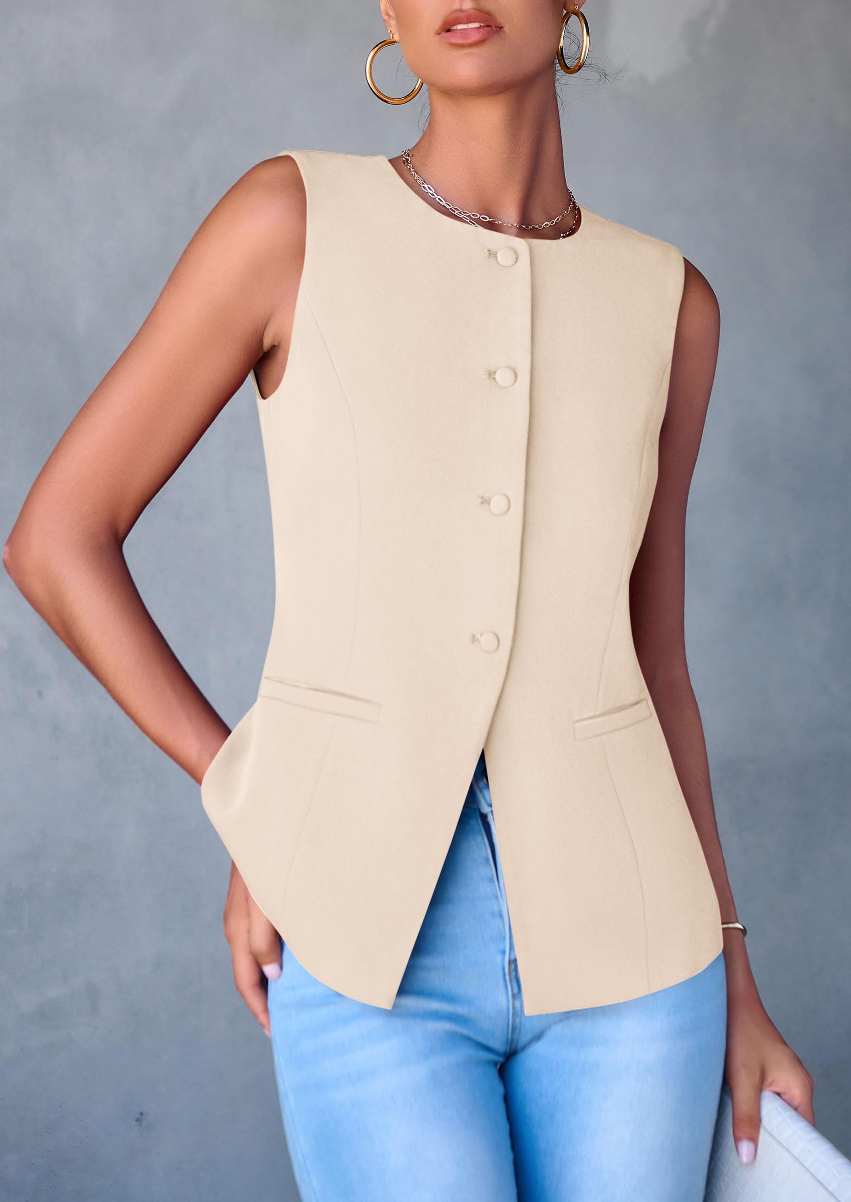 Women Tailored Suit Vest Business Casual Tops, Apricot,M