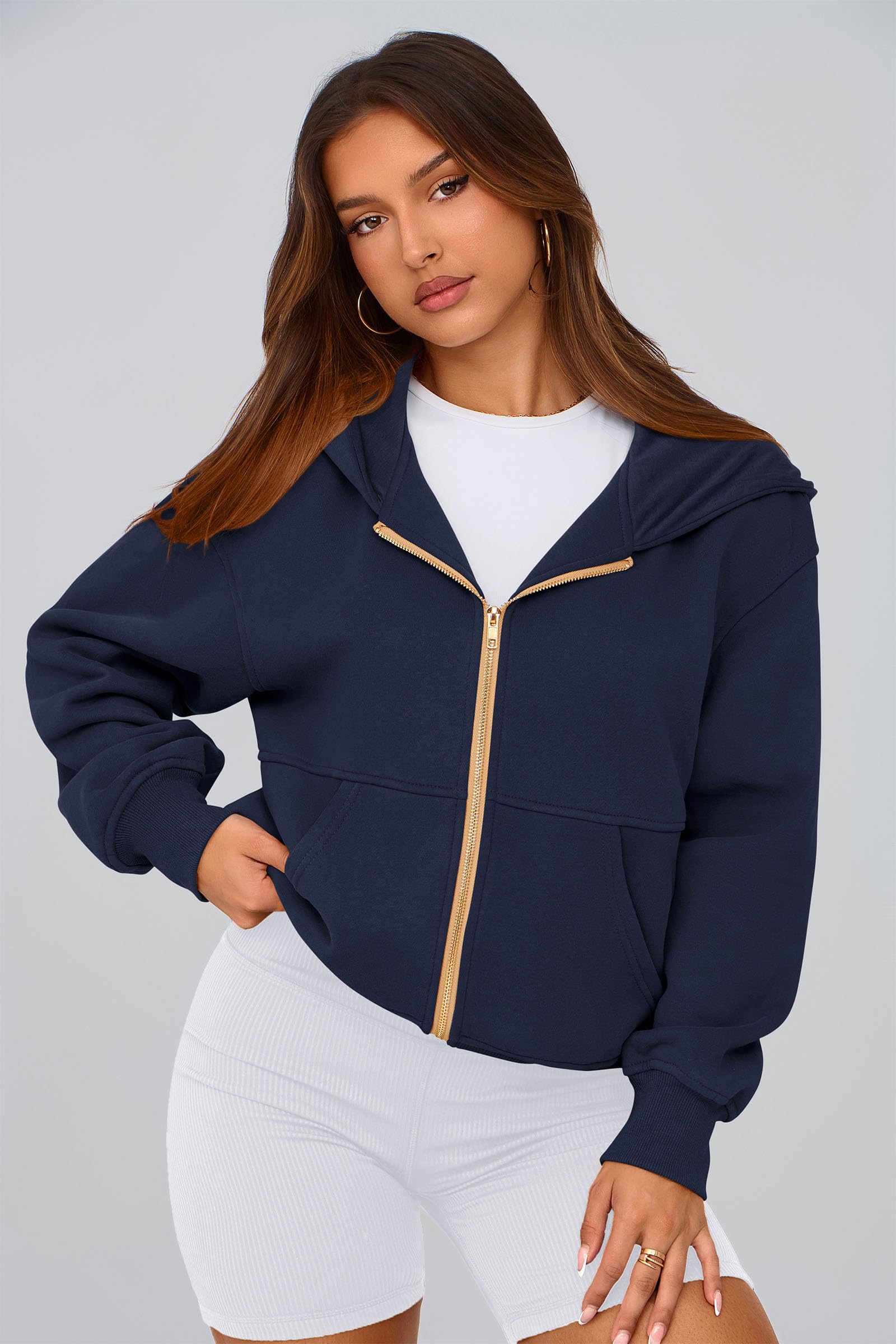 Hoodies for Women Fall Fashion Zip Up Fleece Plain Sweatshirt