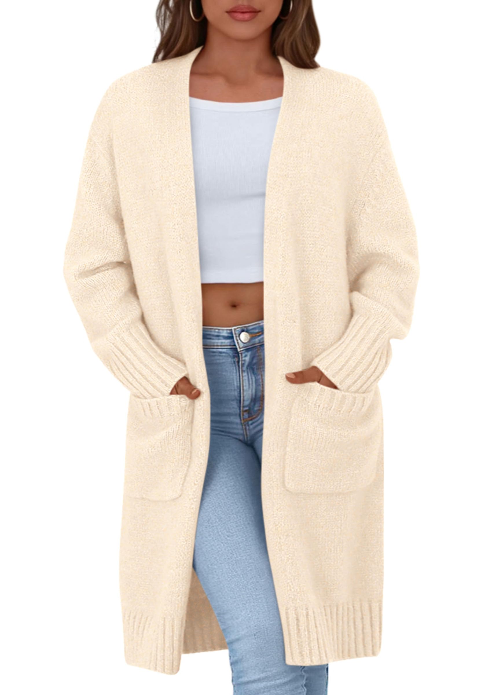 Open Front Cardigan Sweaters for Women,Beige,S