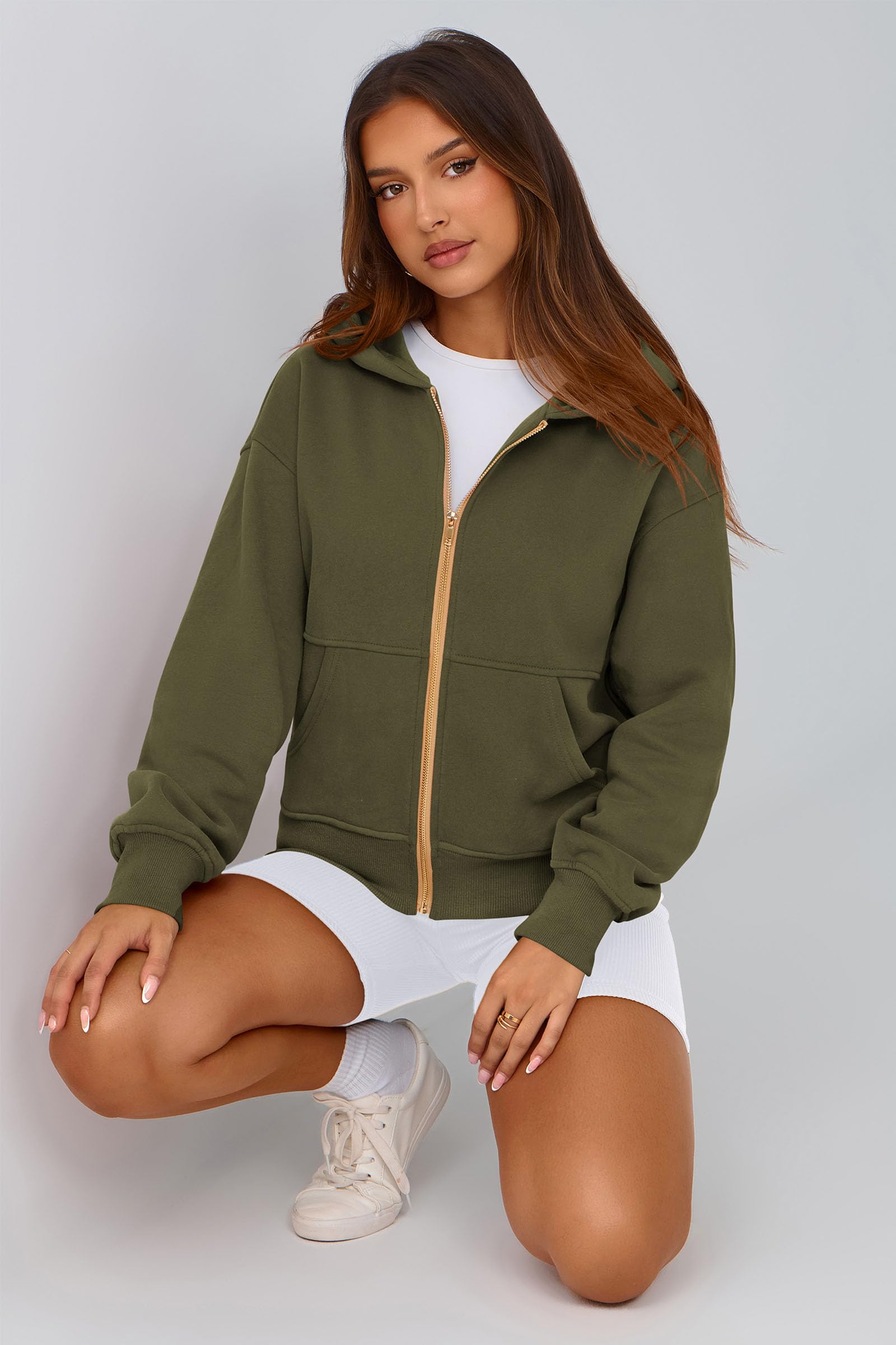 Hoodies for Women Fall Fashion Zip Up Fleece Plain Sweatshirt