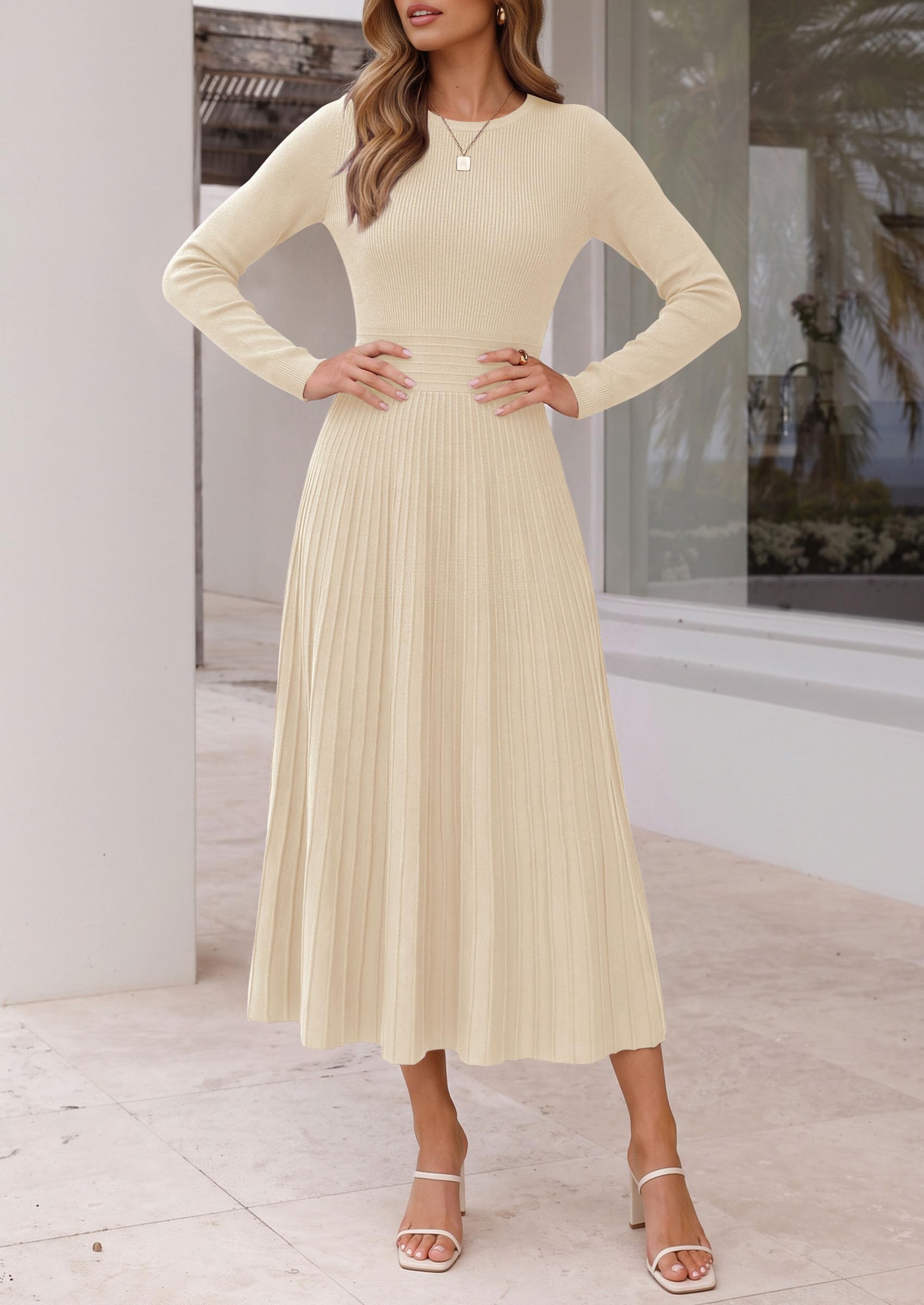 Women's Long Sleeve Knit Maxi Sweater Dress,Apricot,S